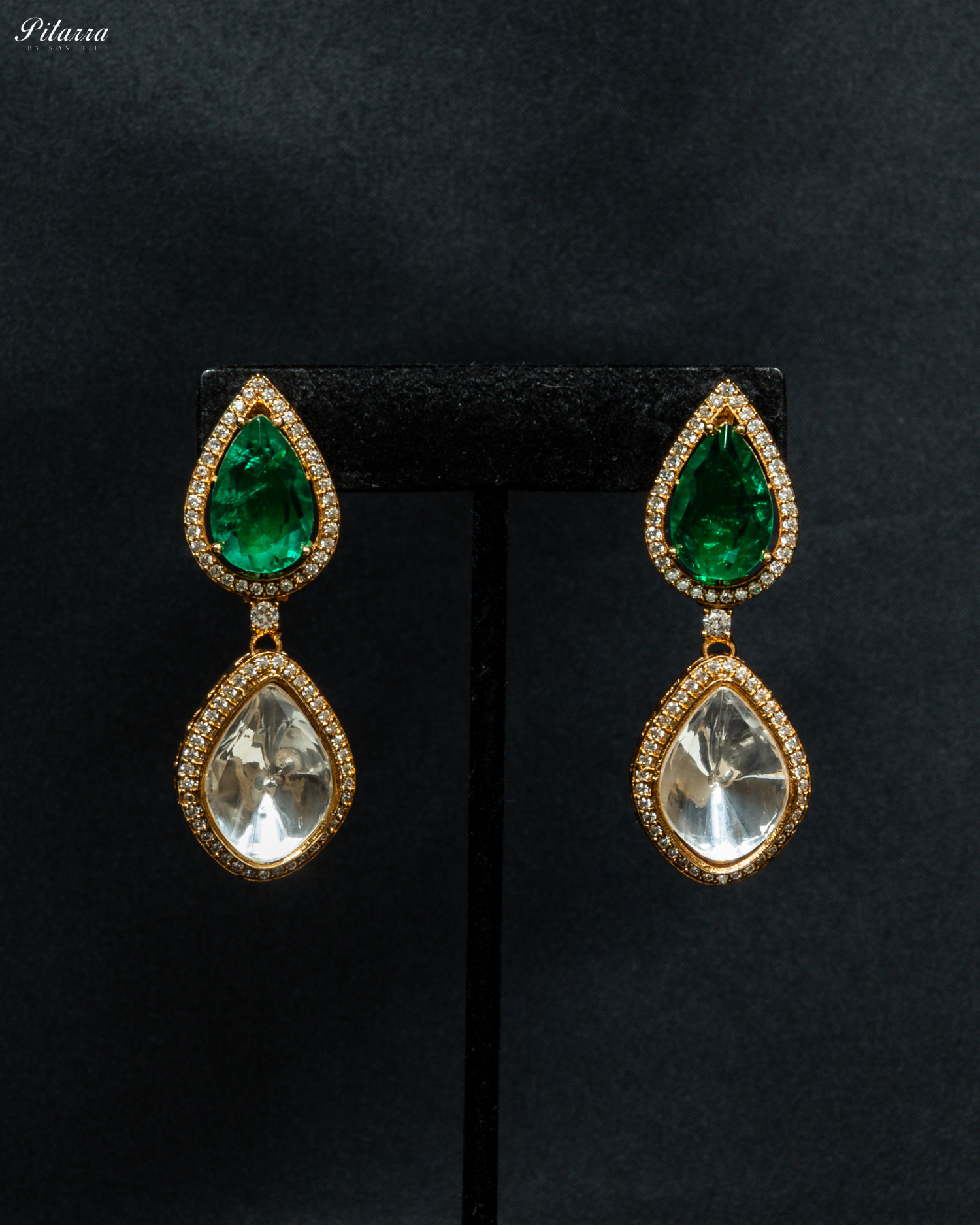 Emerald Green Moissanite Polki Necklace Set_Earrings