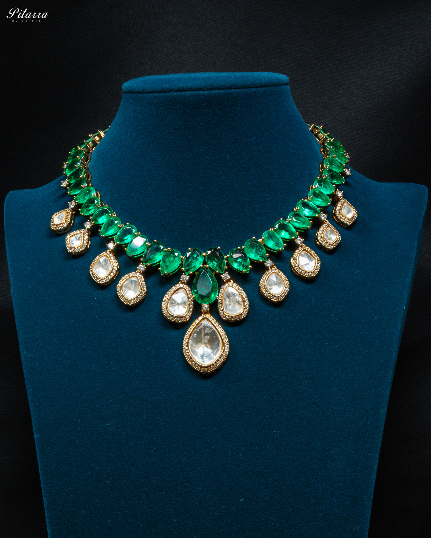 Emerald Green Moissanite Polki Necklace Set_Front Image