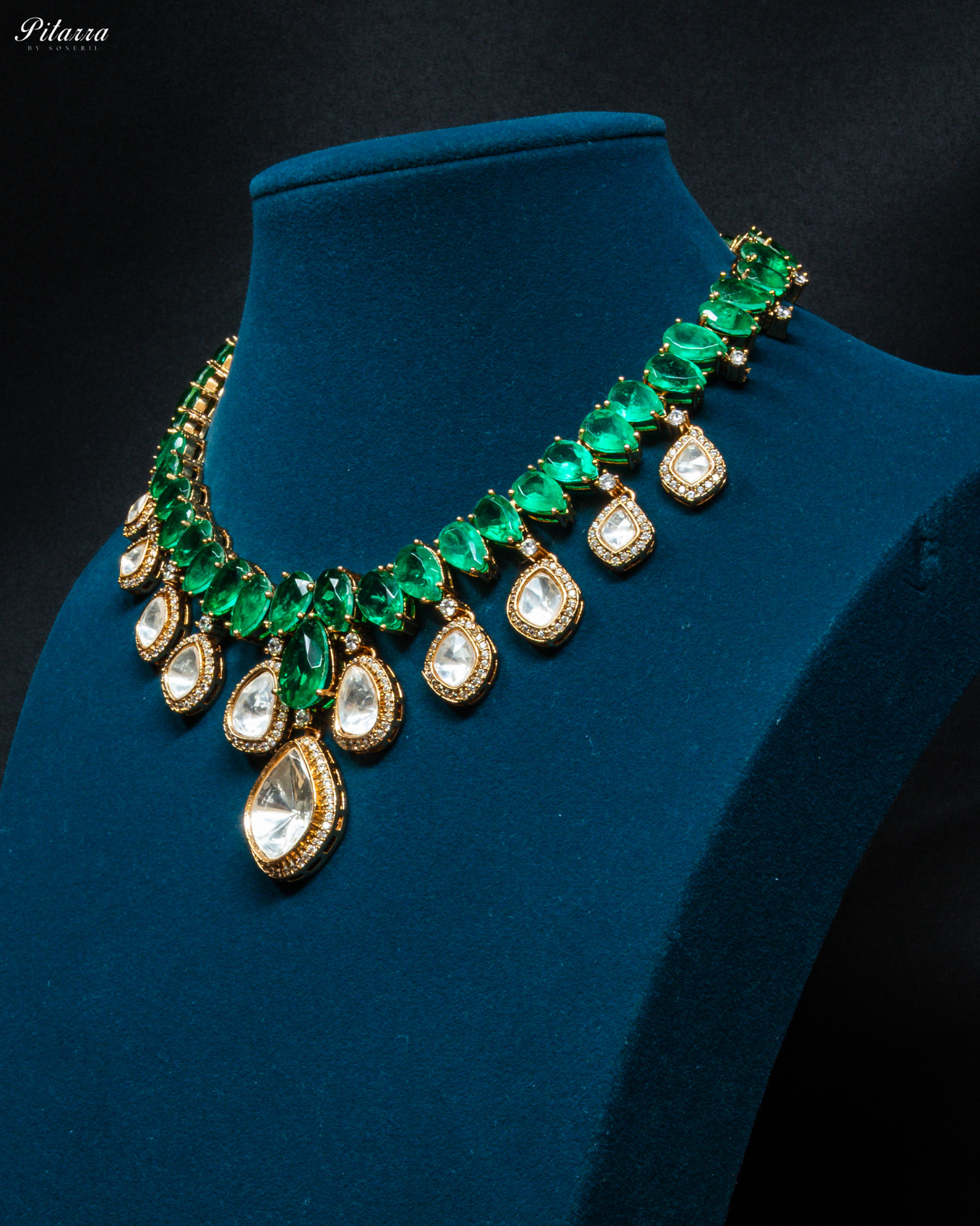 Emerald Green Moissanite Polki Necklace Set_Side Angle