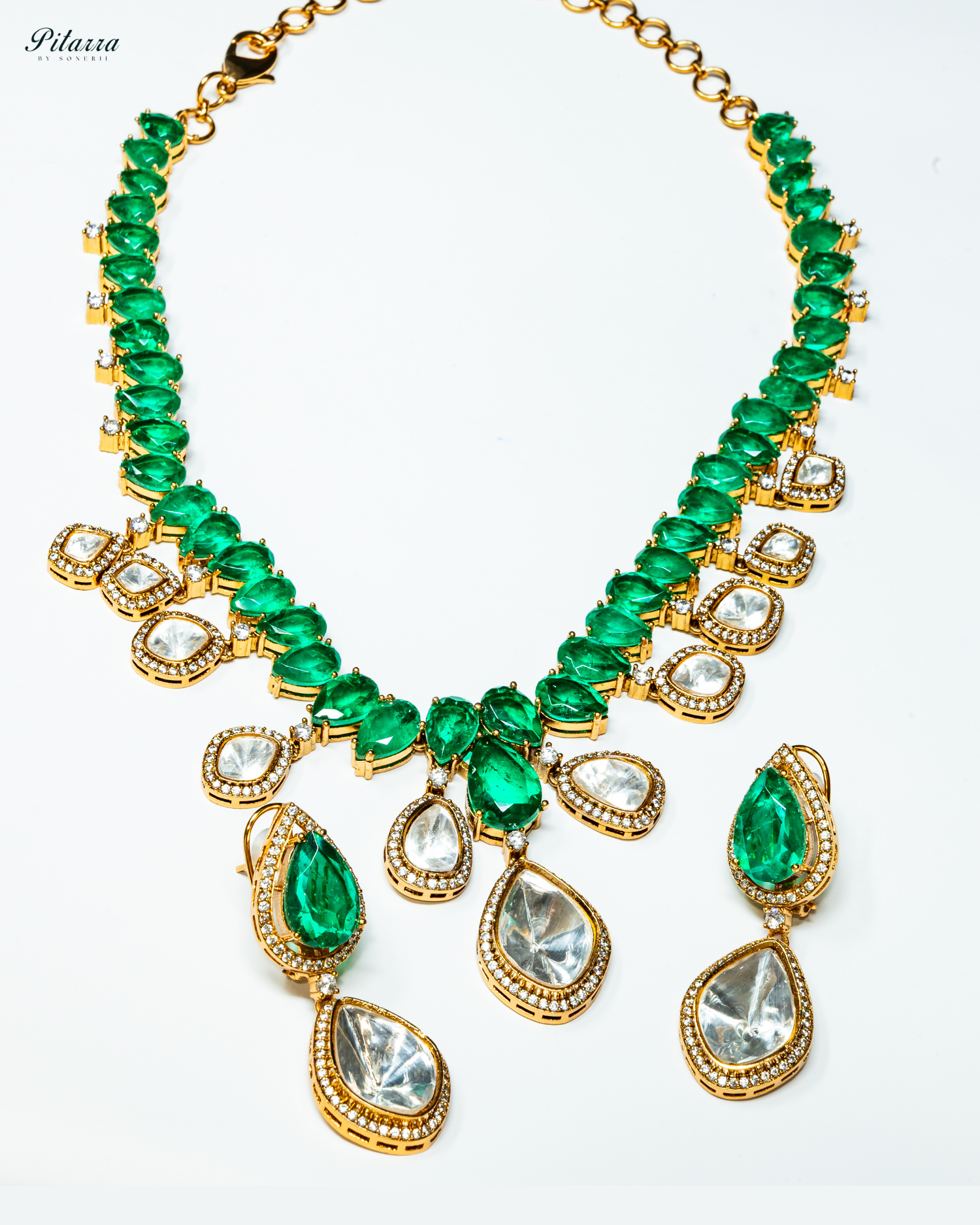Emerald Green Moissanite Polki Necklace Set_White Background
