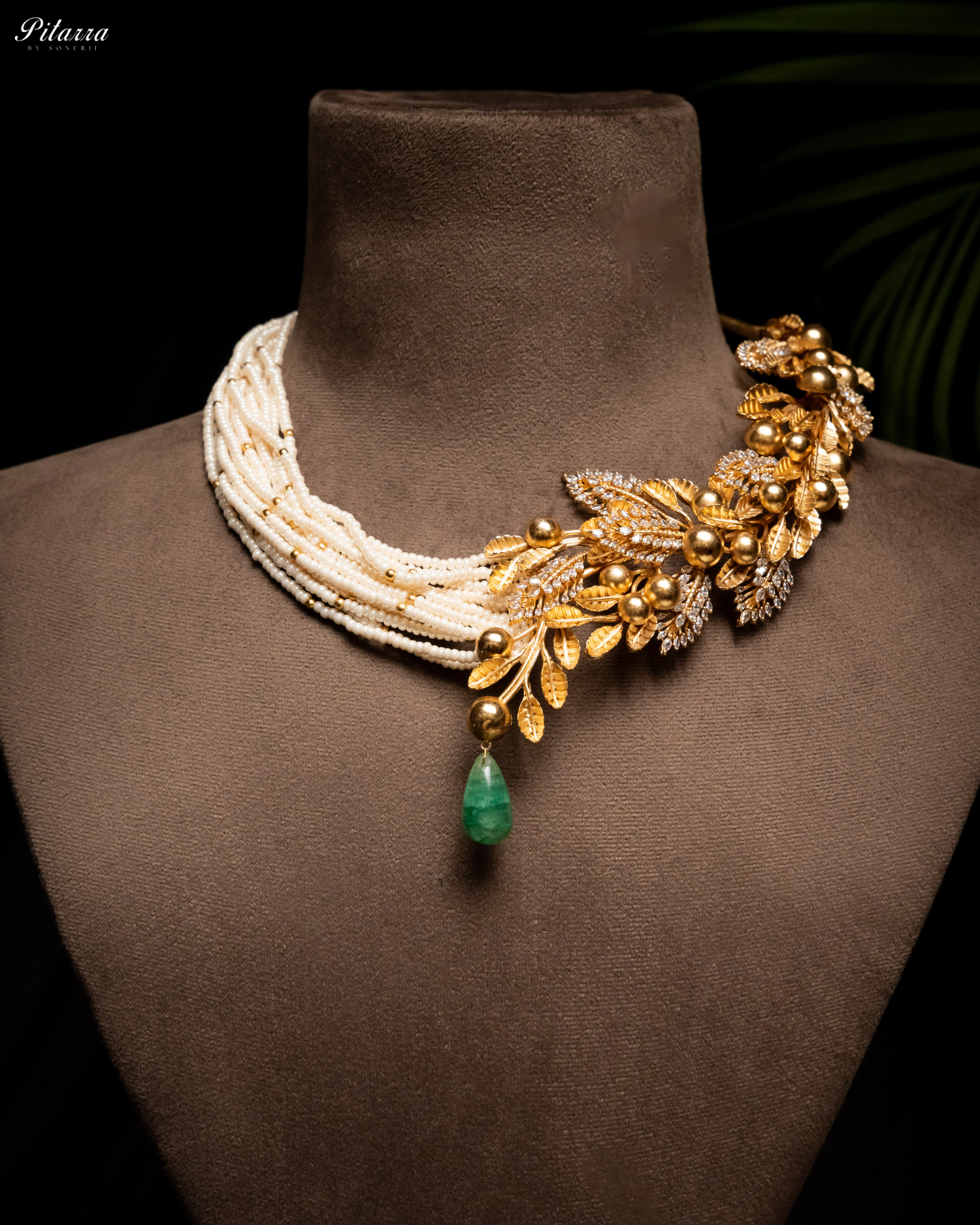 Floral Motif Golden Dual Necklace Set_Front Angle