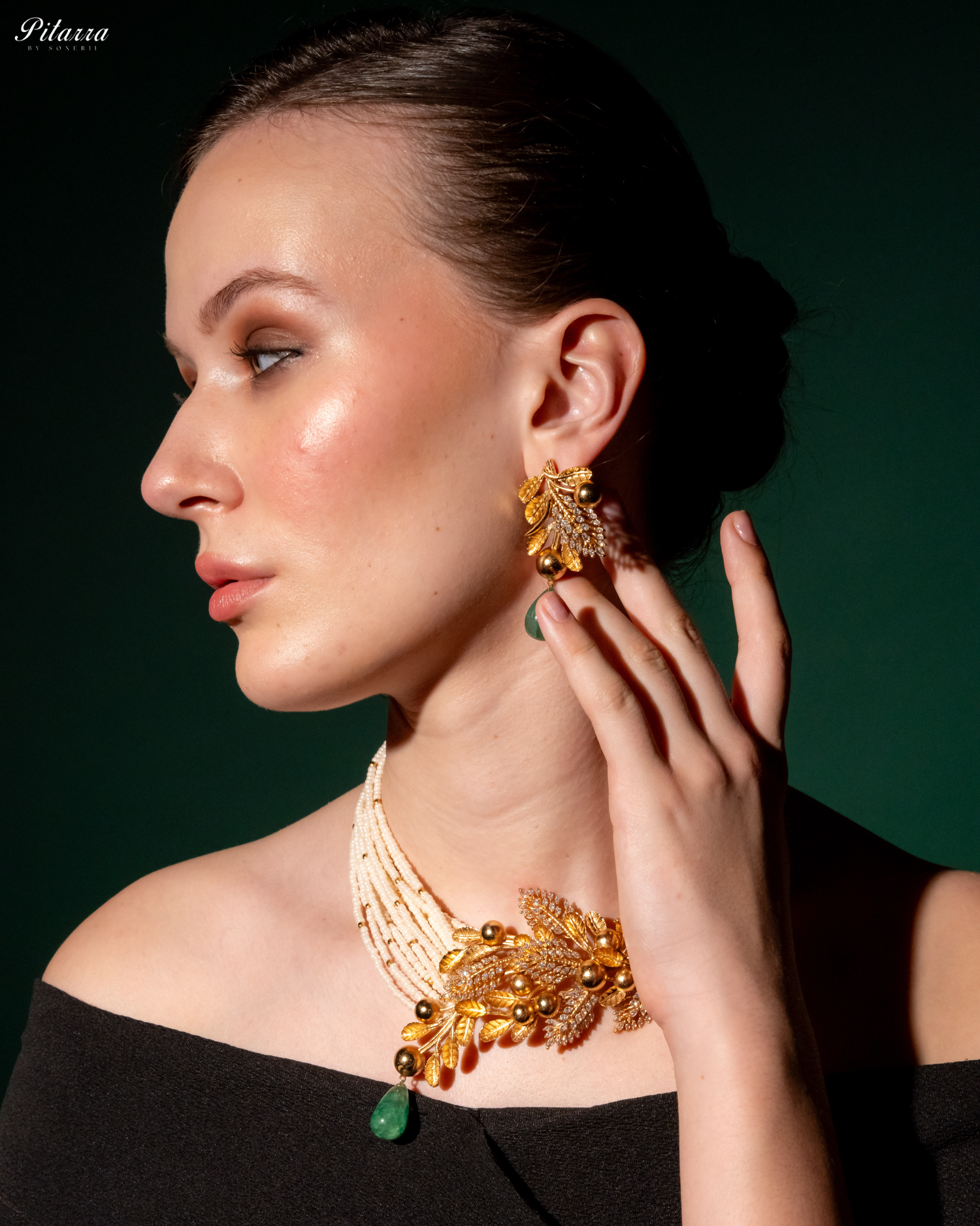 Floral Motif Golden Dual Necklace Set_Left Angle