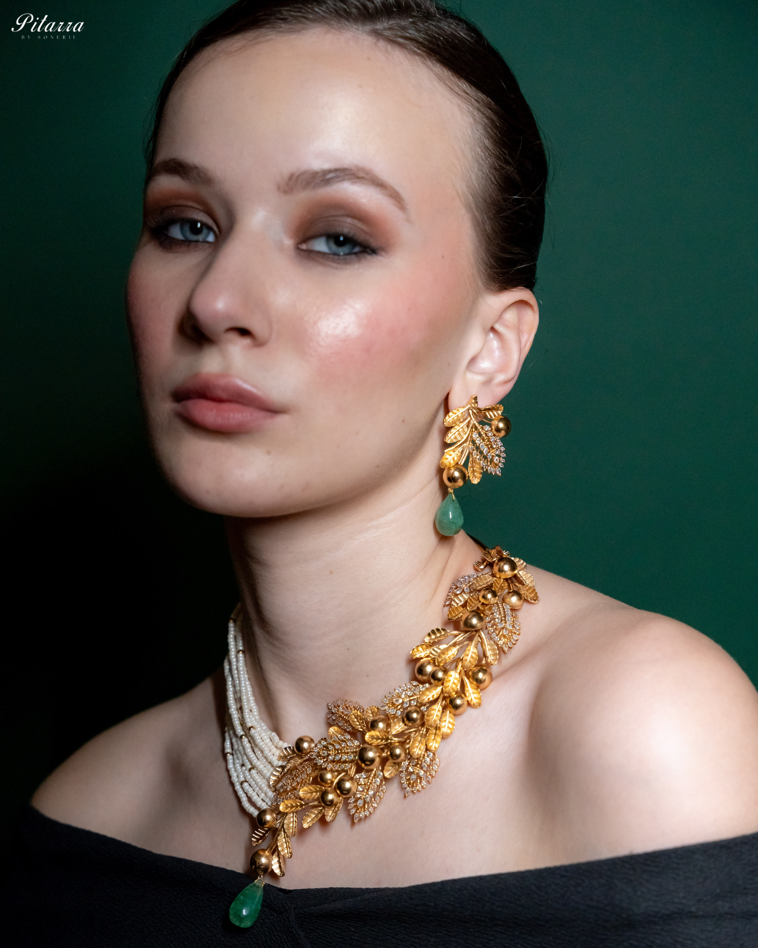 Floral Motif Golden Dual Necklace Set_Side