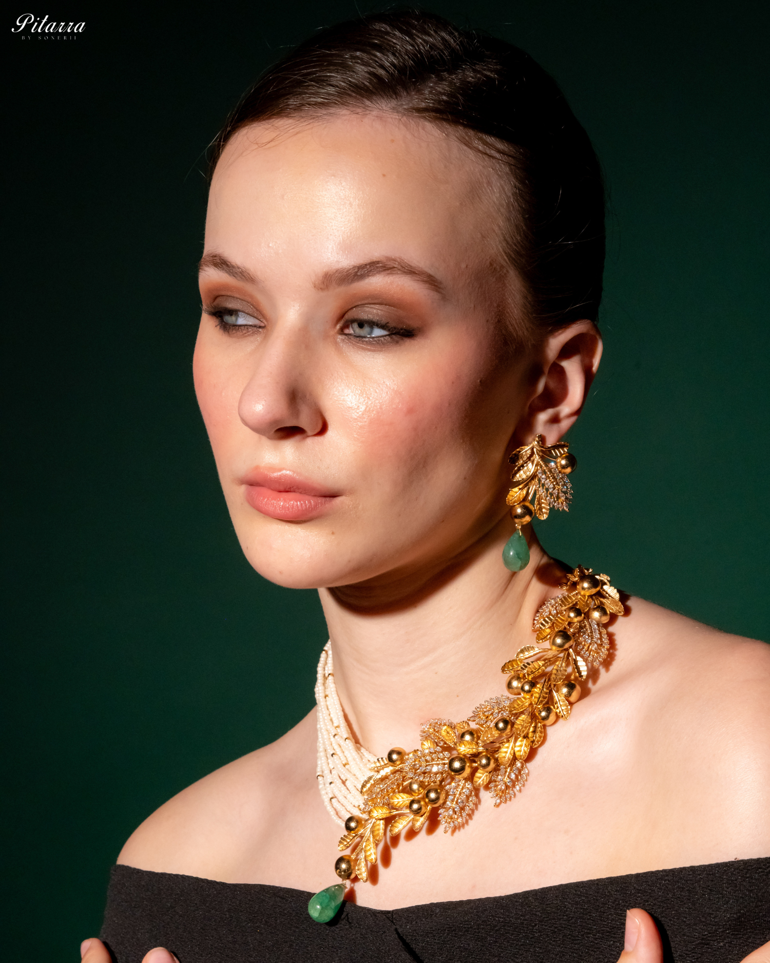 Floral Motif Golden Dual Necklace Set_Side Angle