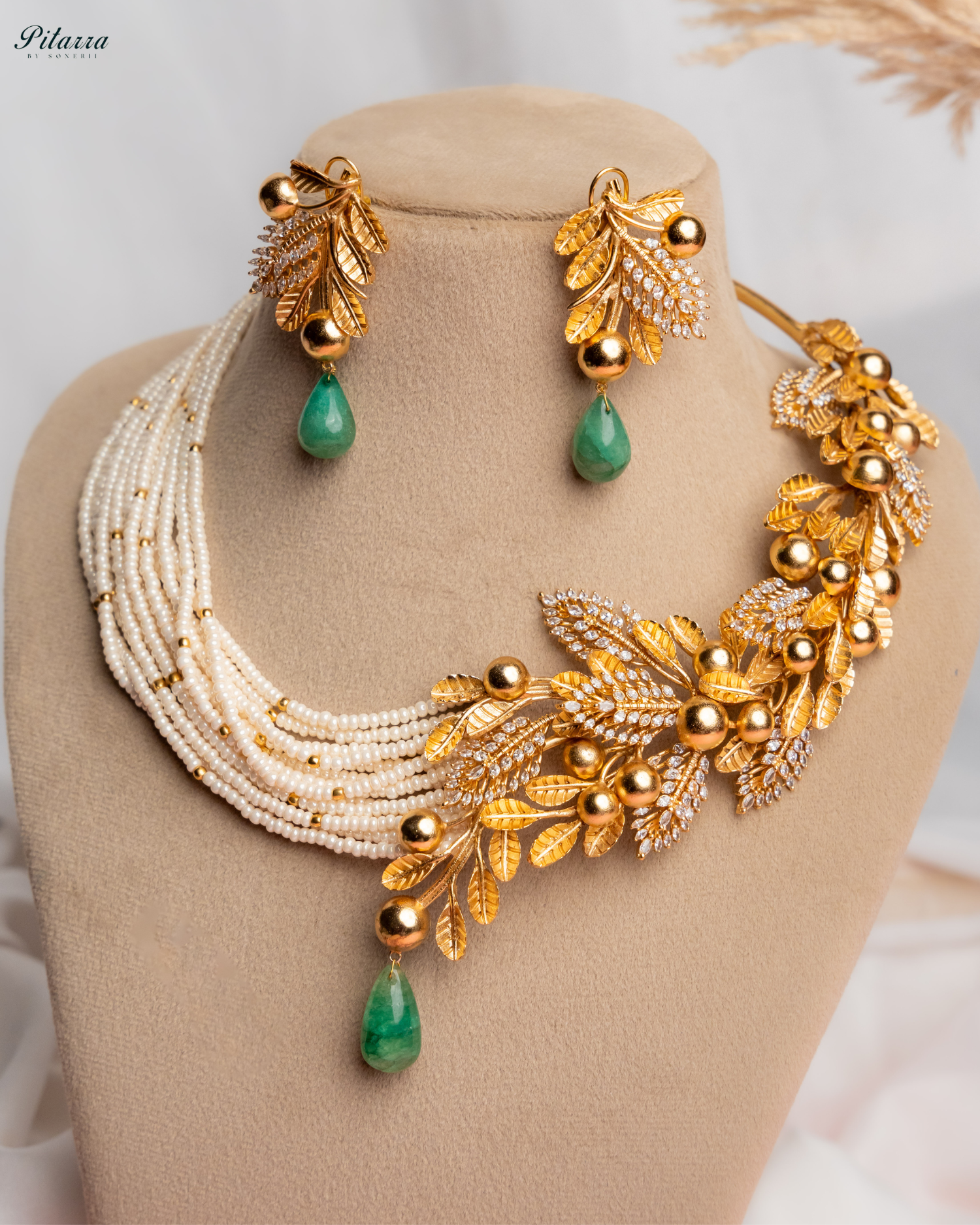 Floral Motif Golden Dual Necklace Set_White Background