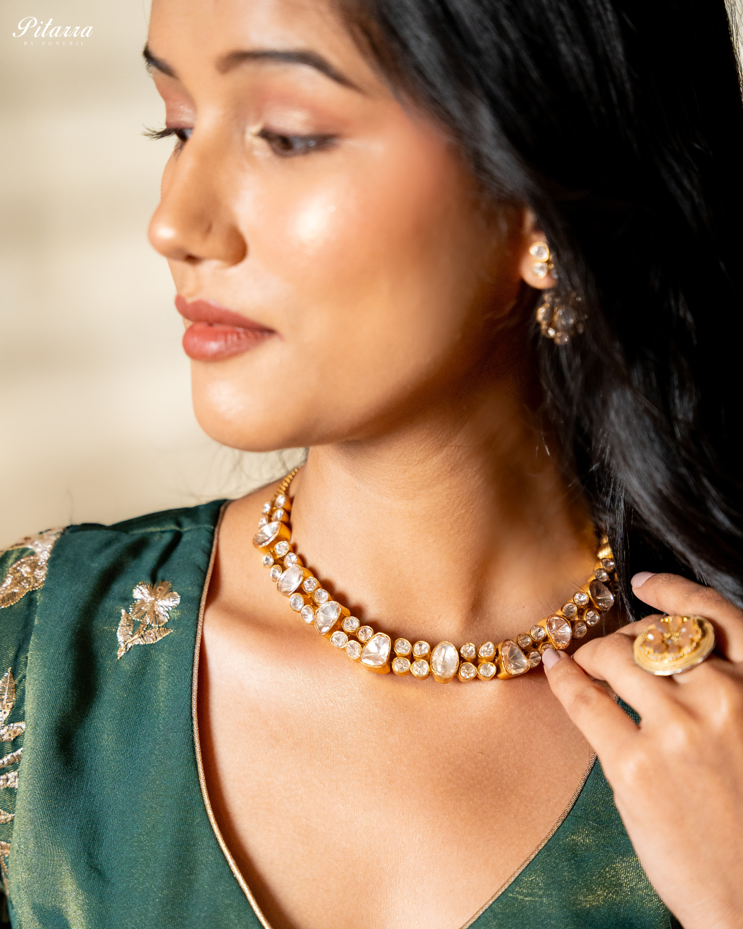 Gold Finish Polki Kundan Necklace Set Model Angle