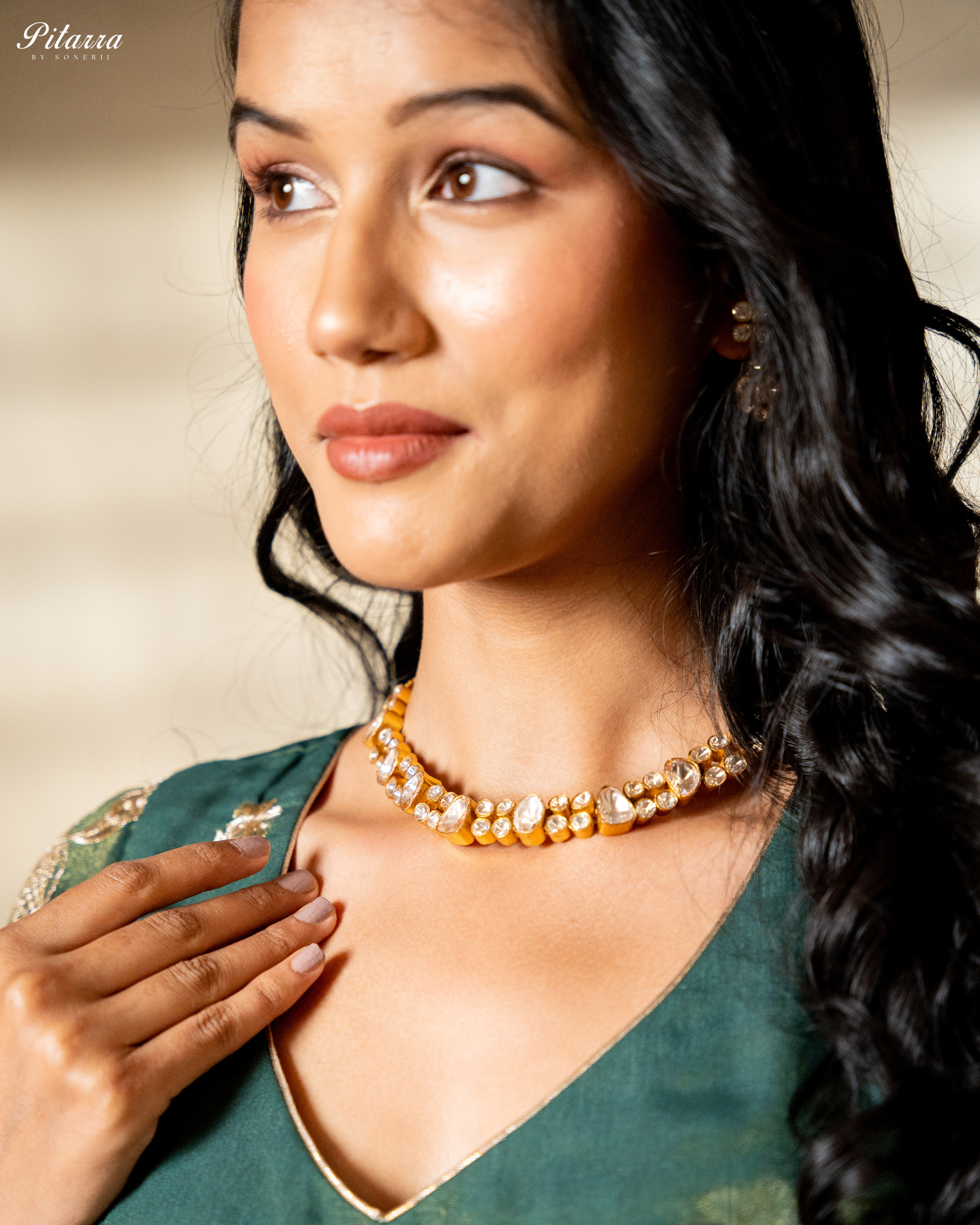 Gold Finish Polki Traditional Kundan Necklace Set Model Front Shoot