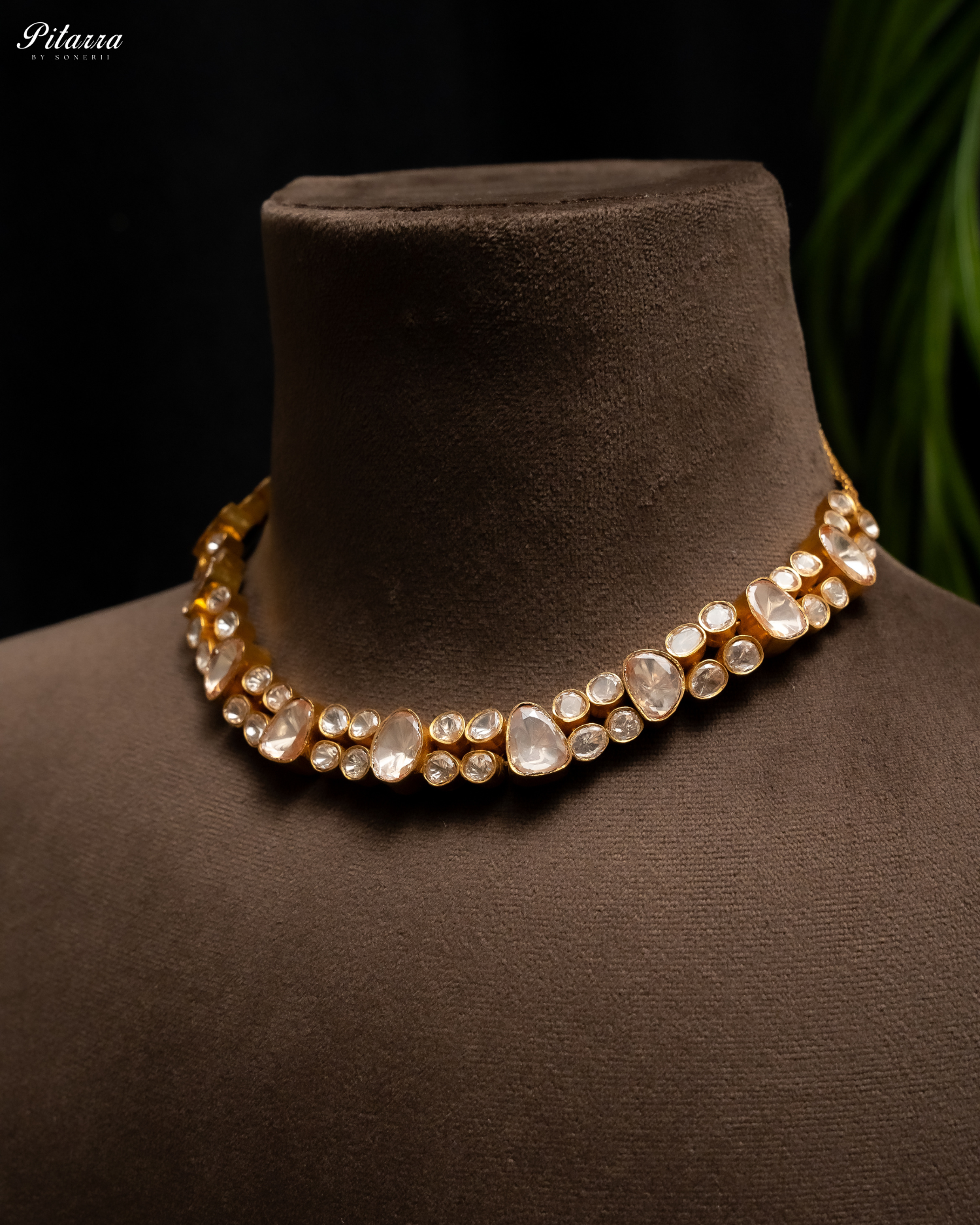 Gold Finish Polki Traditional Kundan Necklace Set Side Angle
