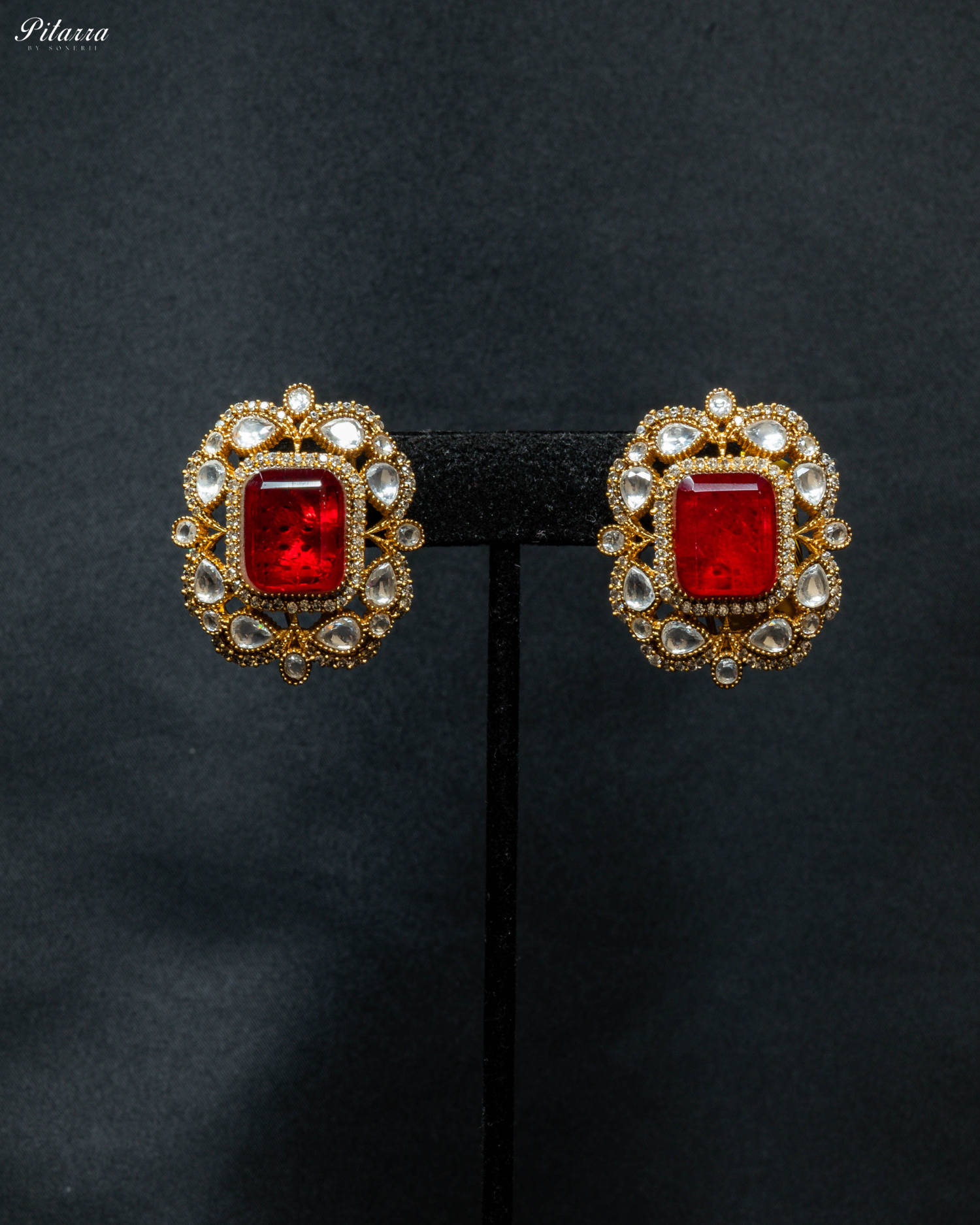 Gold Finish Red Stone Kundan Stud Earrings_Front Image