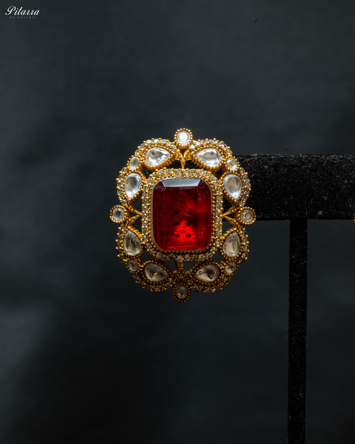 Gold Finish Red Stone Kundan Stud Earrings_Zoom Angle