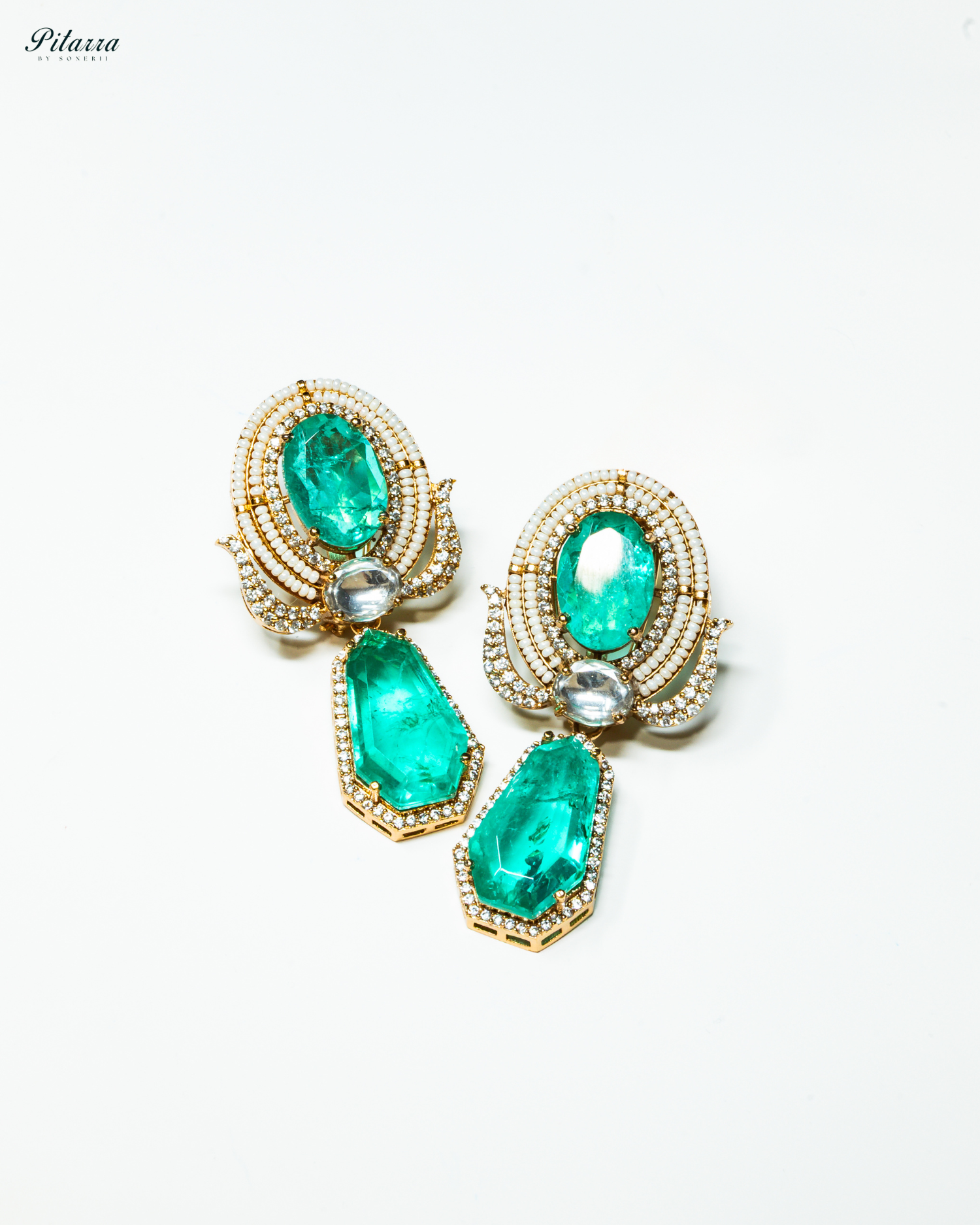 Gold Finish Zircon Green Dangler Earrings_White Background