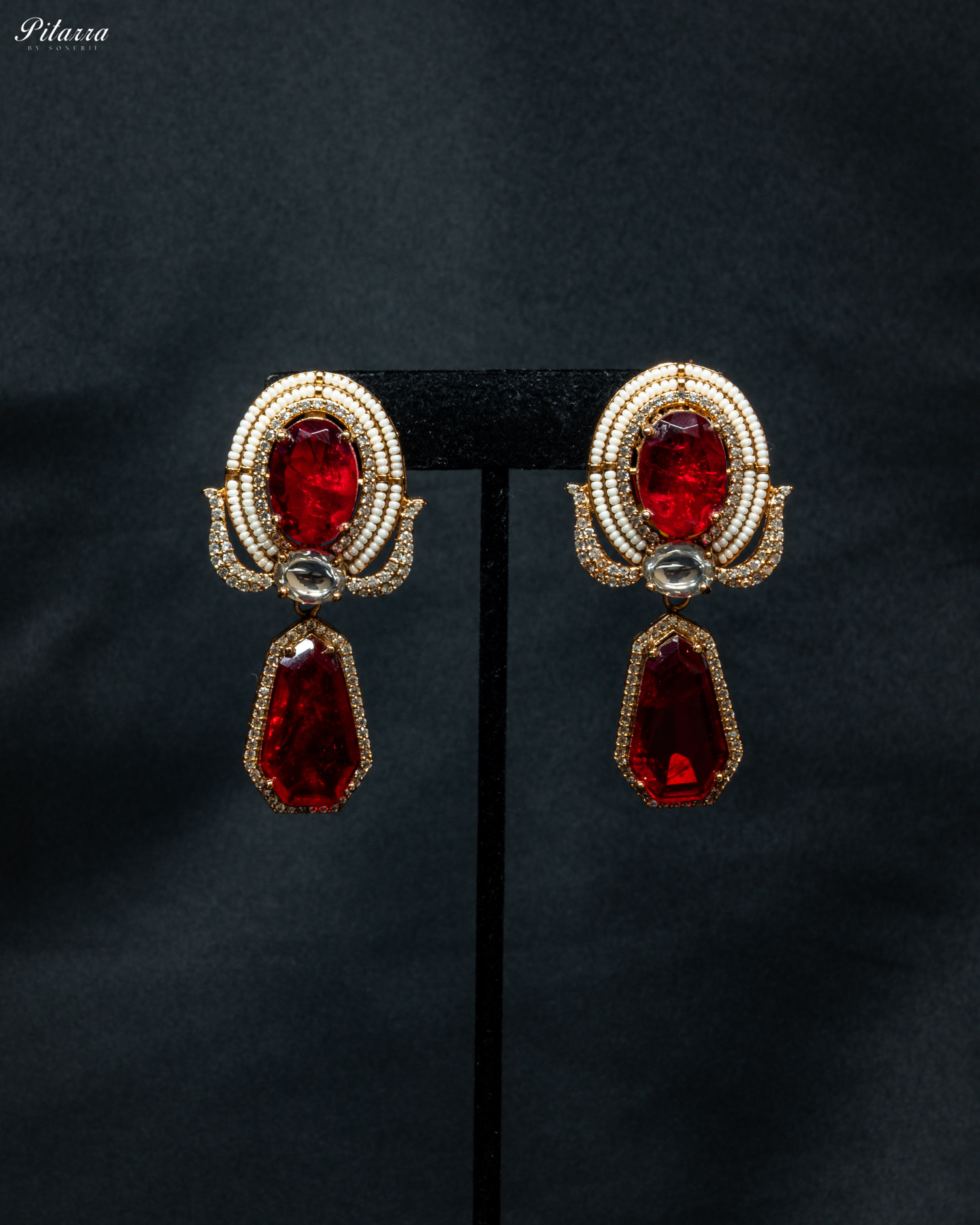 Gold Finish Zircon Red Dangler Earrings_Front Image