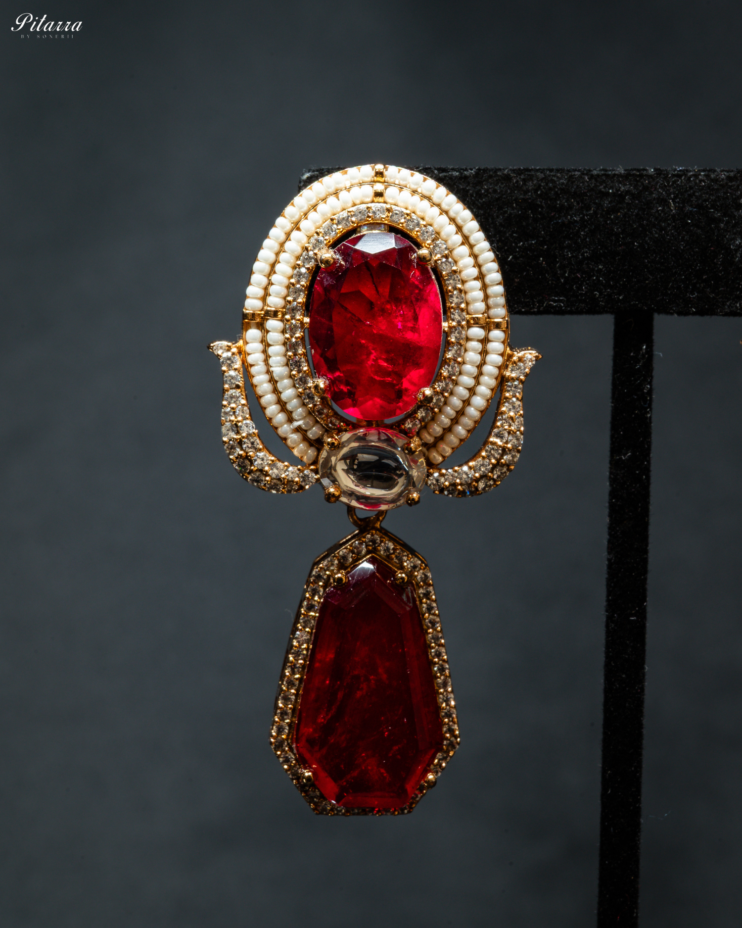 Gold Finish Zircon Red Dangler Earrings_Side Angle