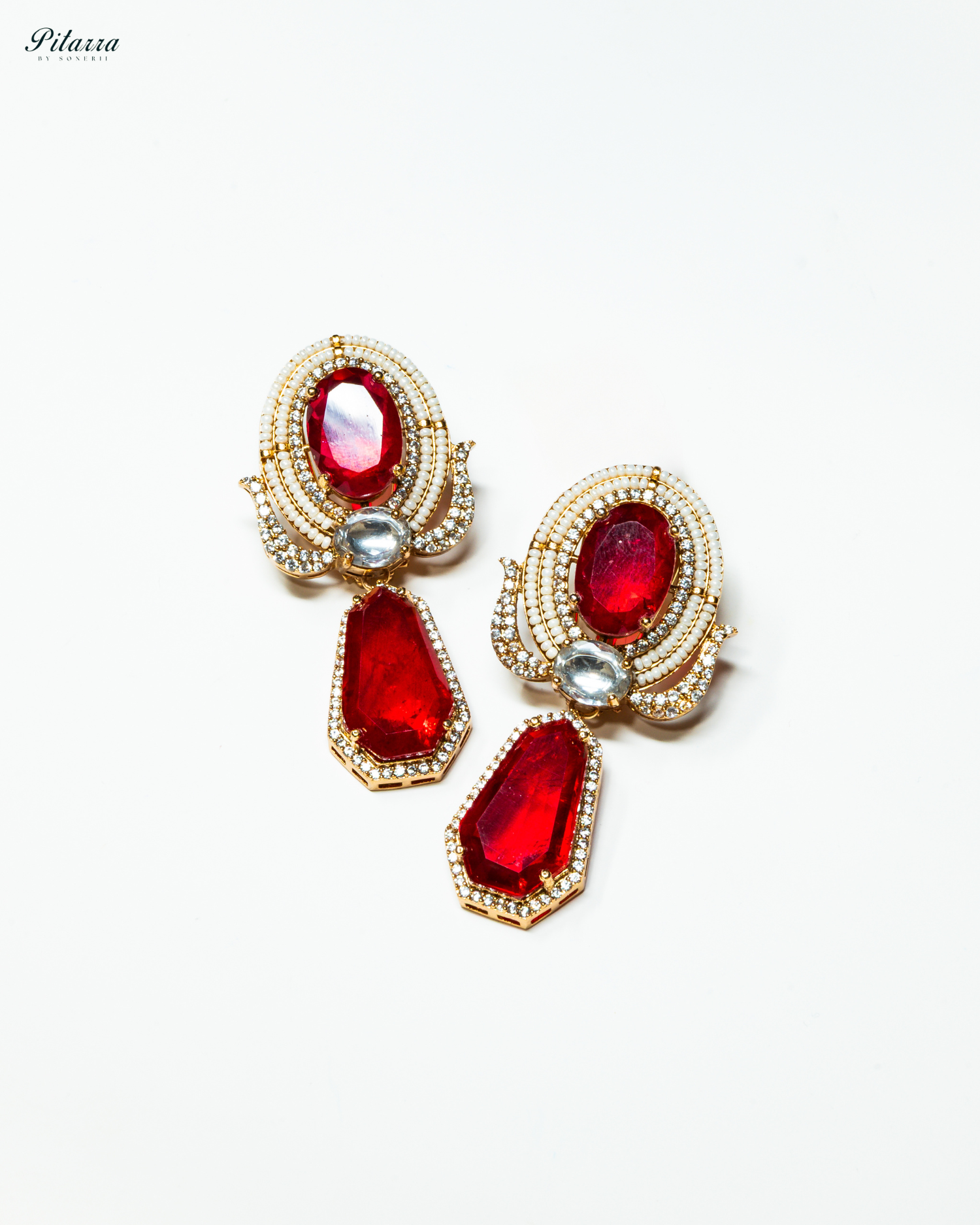 Gold Finish Zircon Red Dangler Earrings_White Background