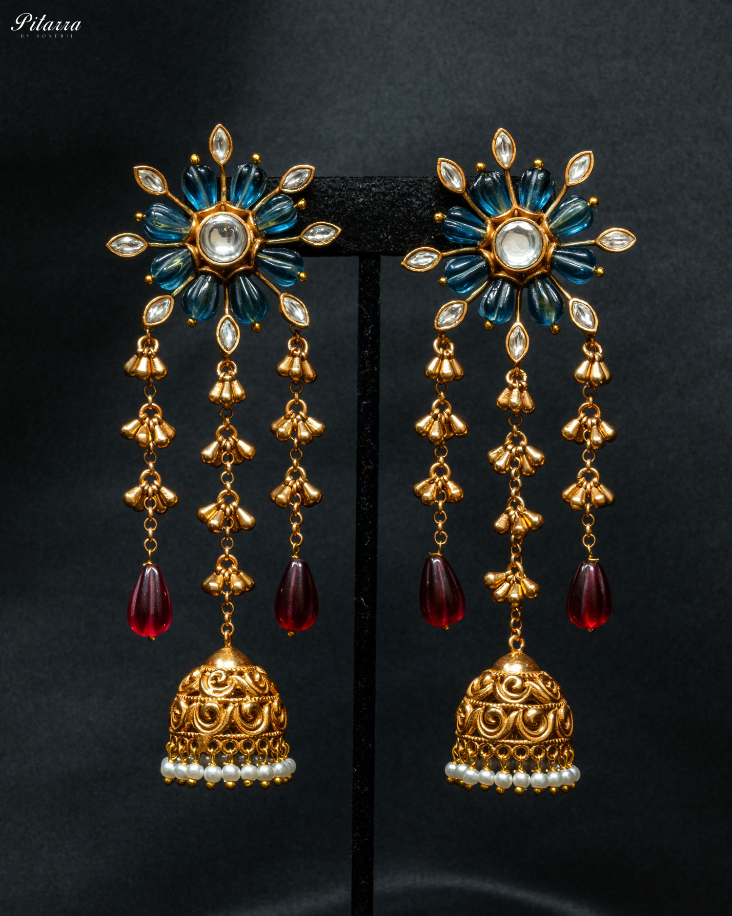 Gold Plated Blue Flower Kundan Chandbali Earrings_Front Image
