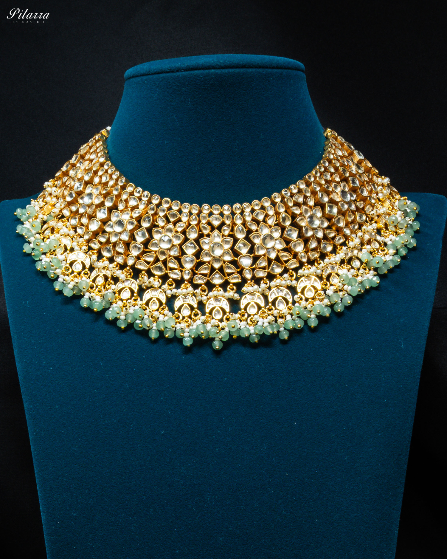 Gold Plated Green Beads Traditional Kundan Bridal Set_Front Image
