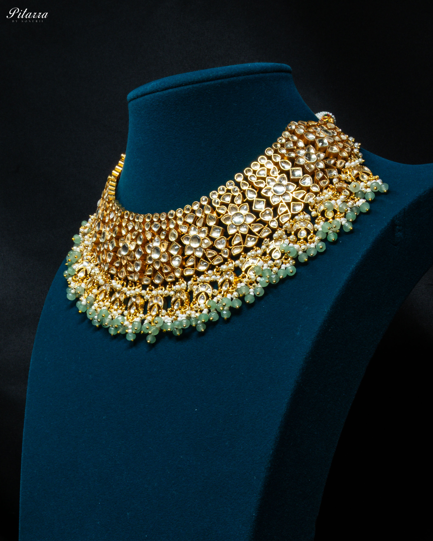 Gold Plated Green Beads Traditional Kundan Bridal Set_Side Angle