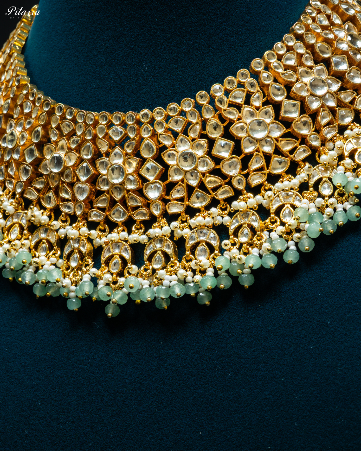 Gold Plated Green Beads Traditional Kundan Bridal Set_Zoom Angle