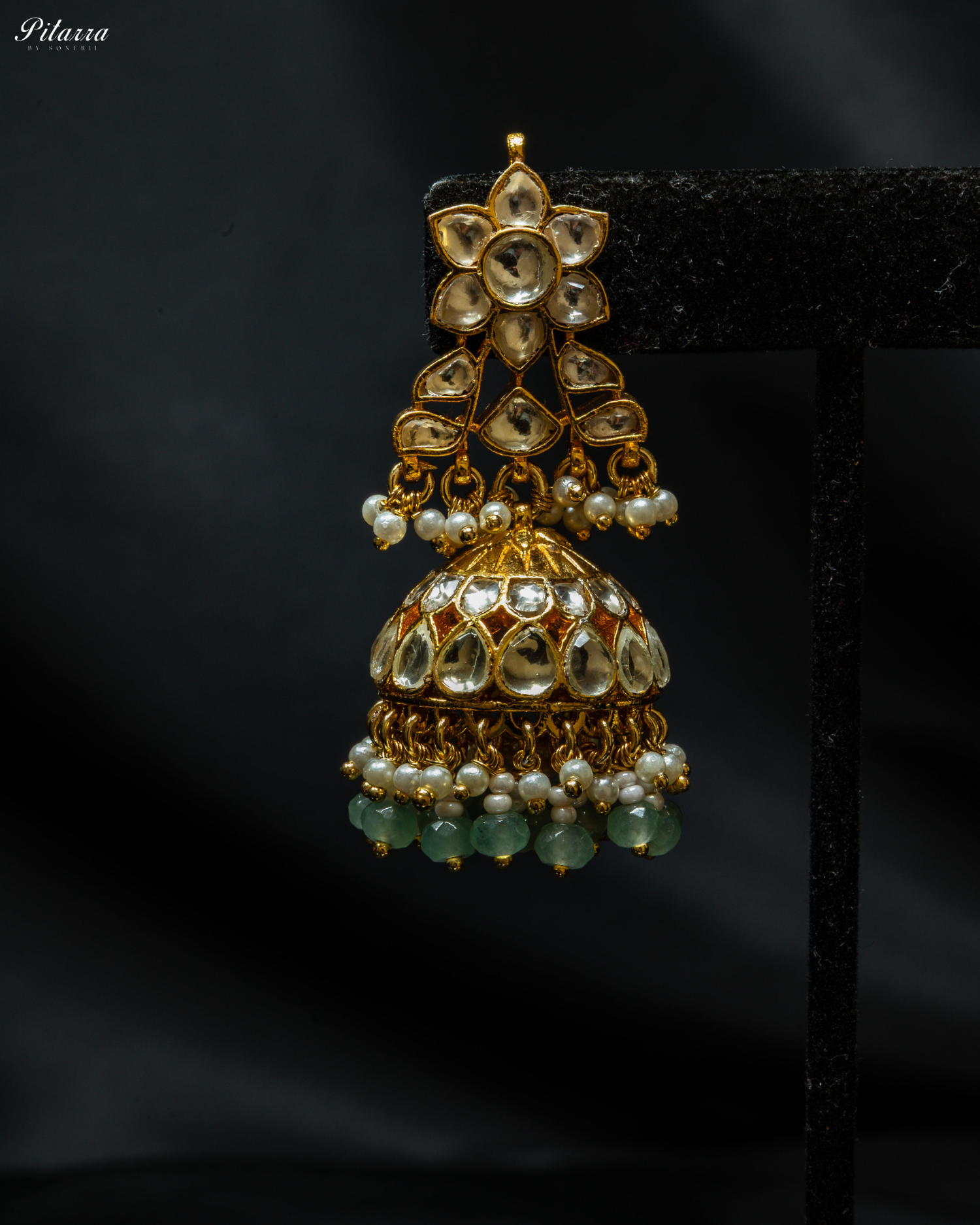 Gold Plated Green Beads Traditional Kundan Bridal Set_Zoom Earrings