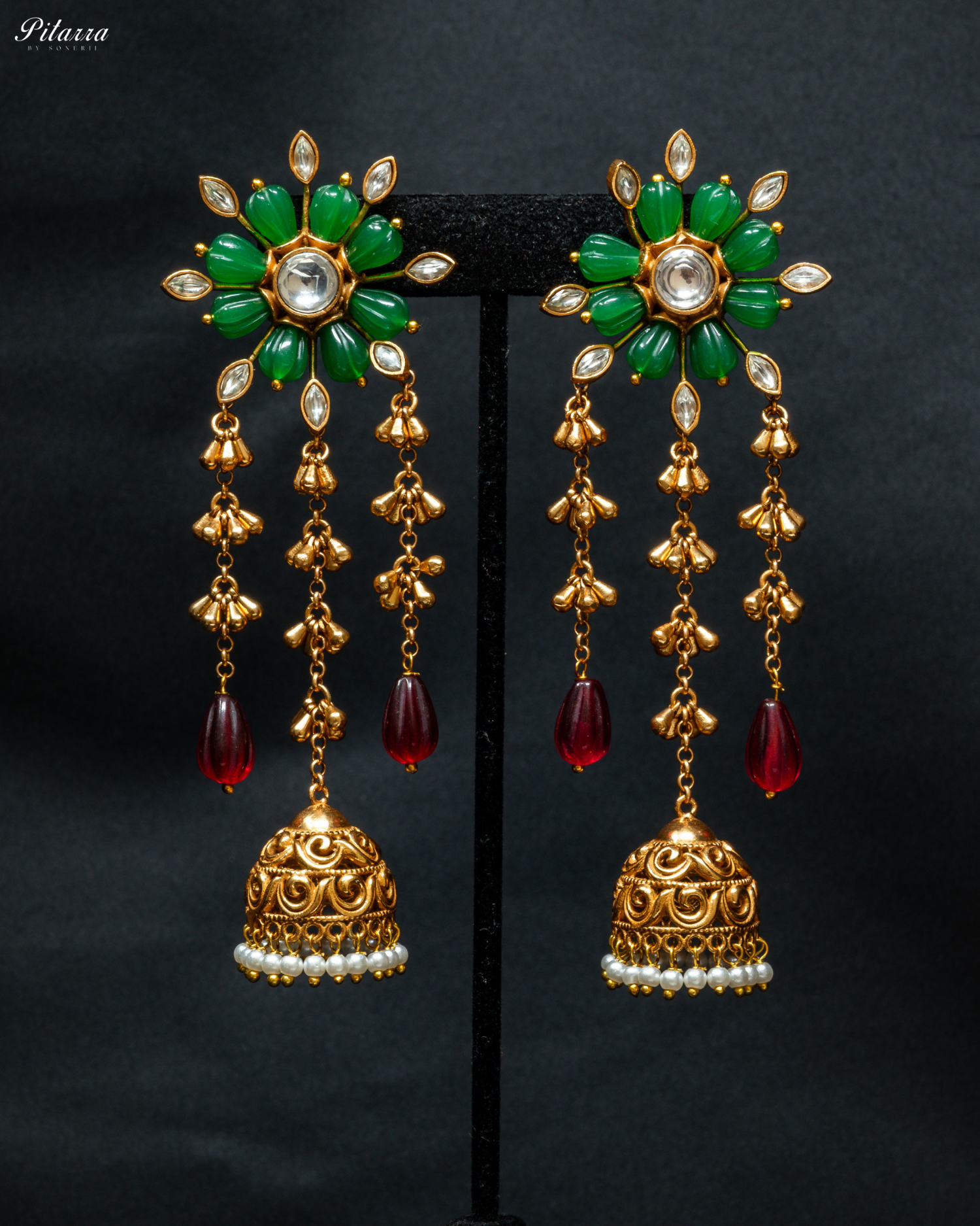 Gold Plated Green Flower Kundan Chandbali Earrings_Front Image