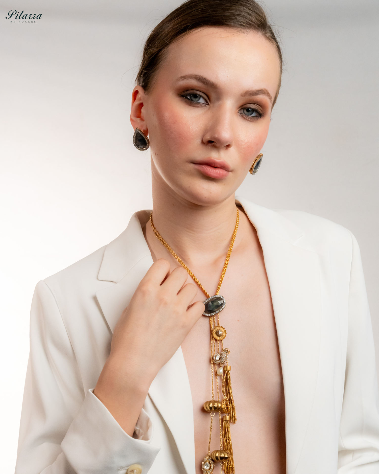 Gold Tone Chain Blue Stone Necklace Set_Front Pose