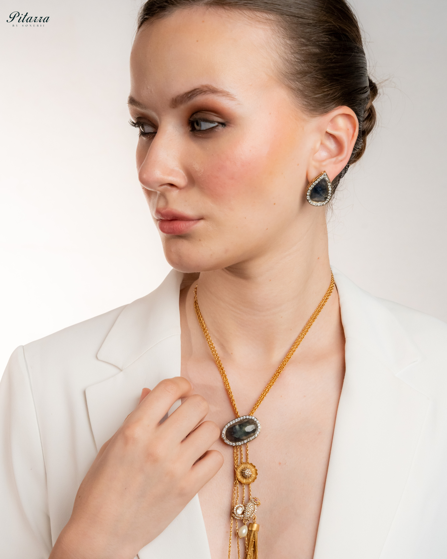 Gold Tone Chain Blue Stone Necklace Set_Left Pose
