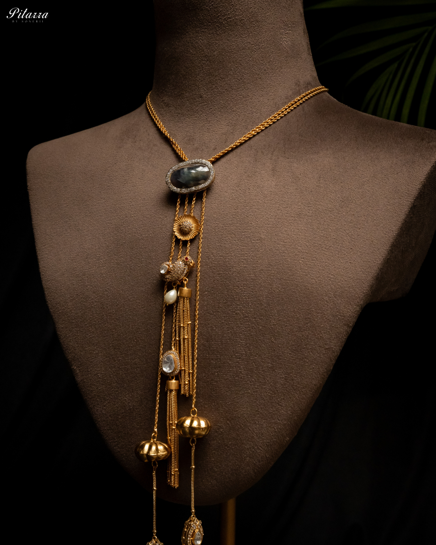 Gold Tone Chain Blue Stone Necklace Set_Side Angle