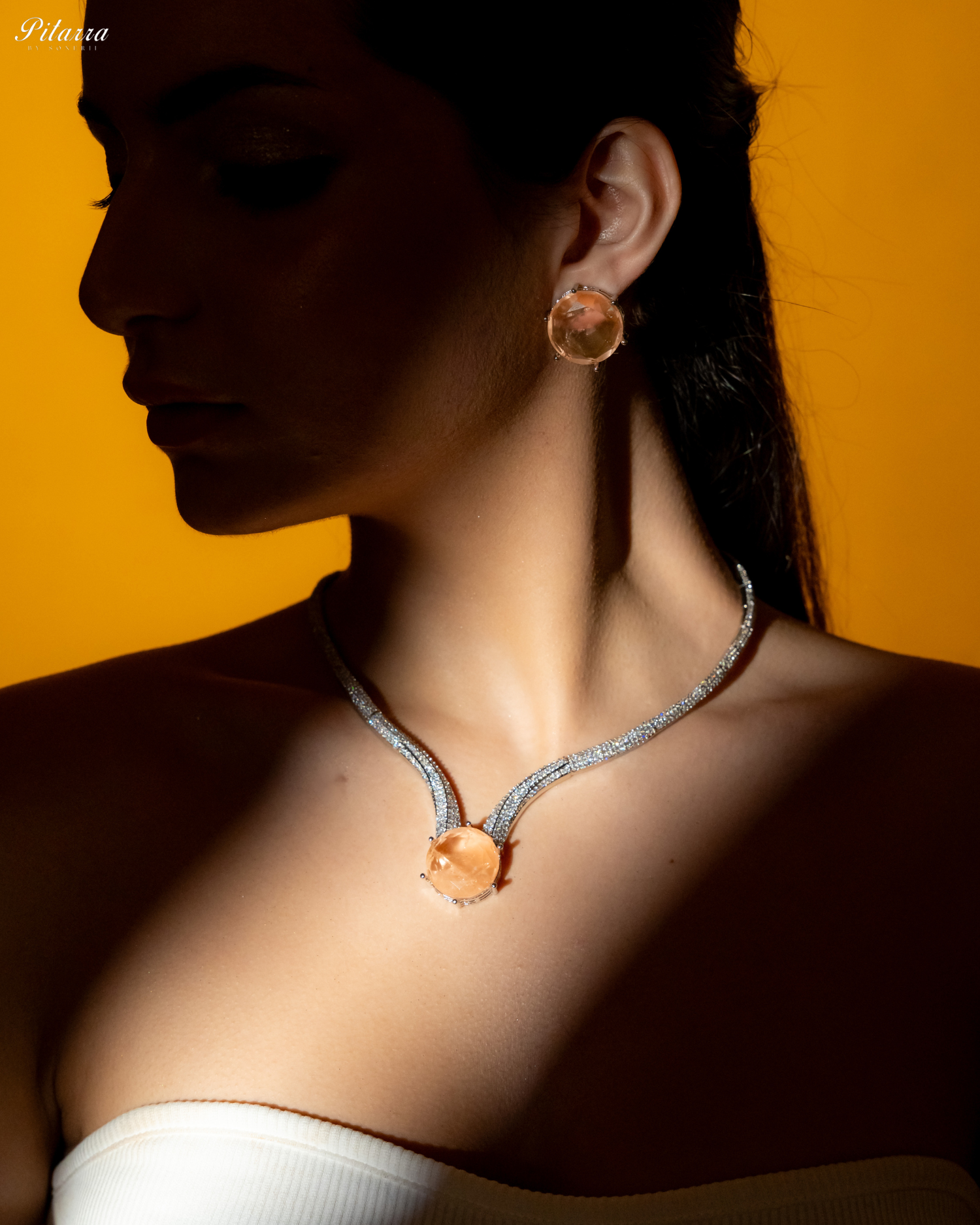 Golden Drop Stone CZ Necklace Set_Side Pose