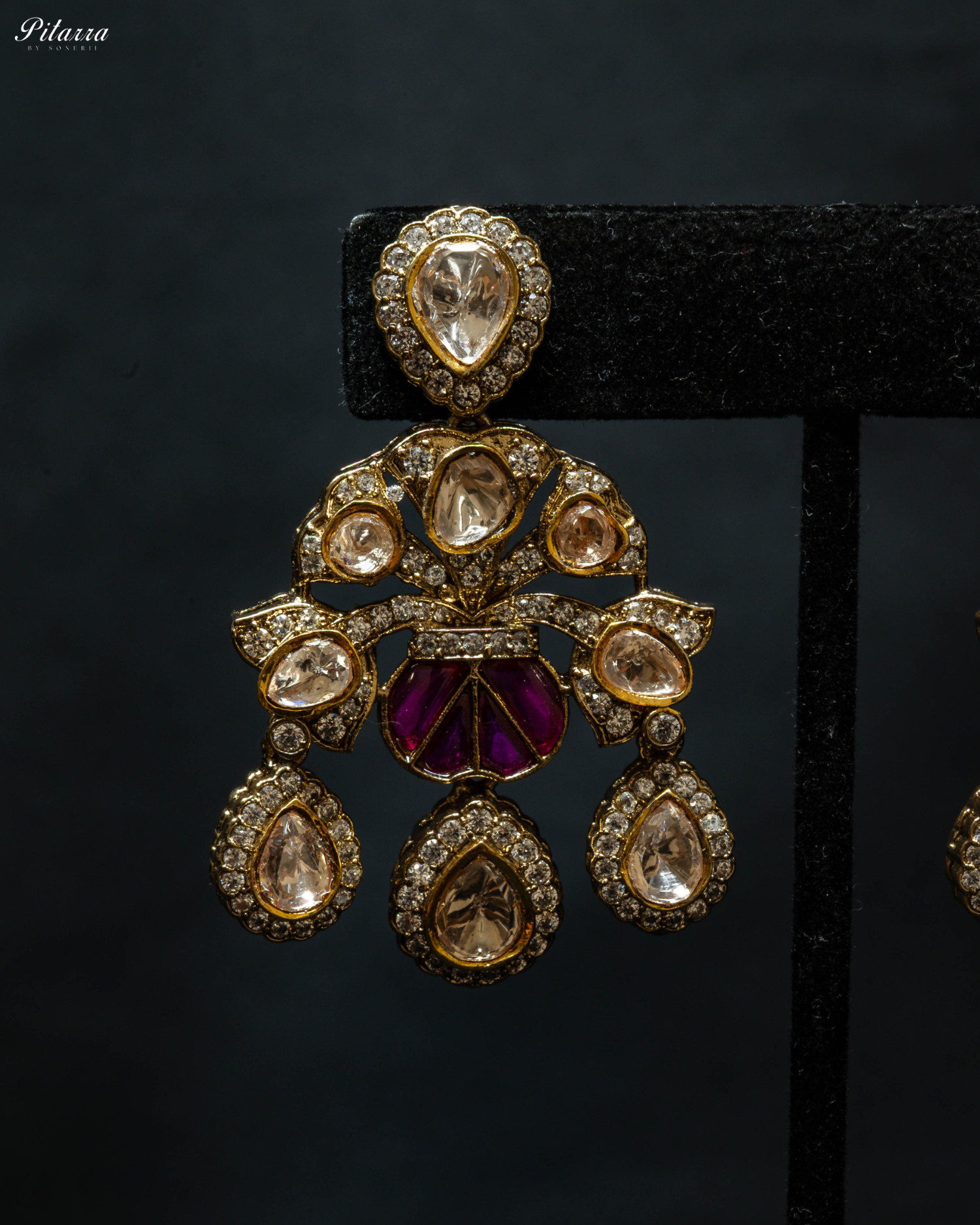 Golden Finish Pink Stone Kundan Choker Set_Zoom Earrings