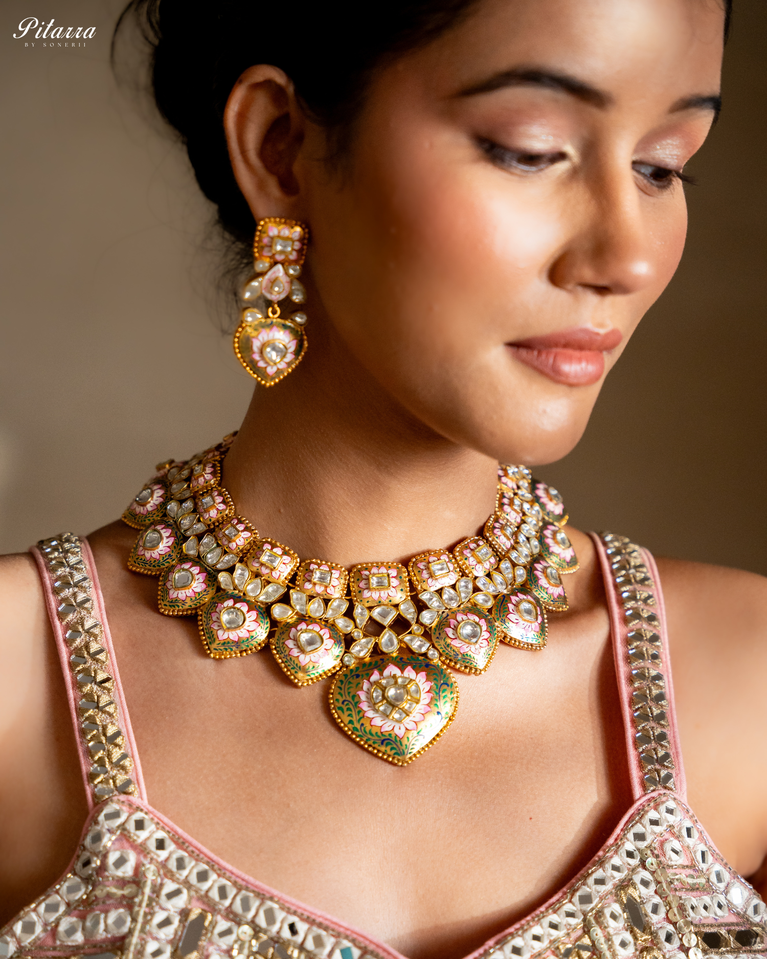 Golden Green Polki Traditional Kundan Necklace Set Model Shoot