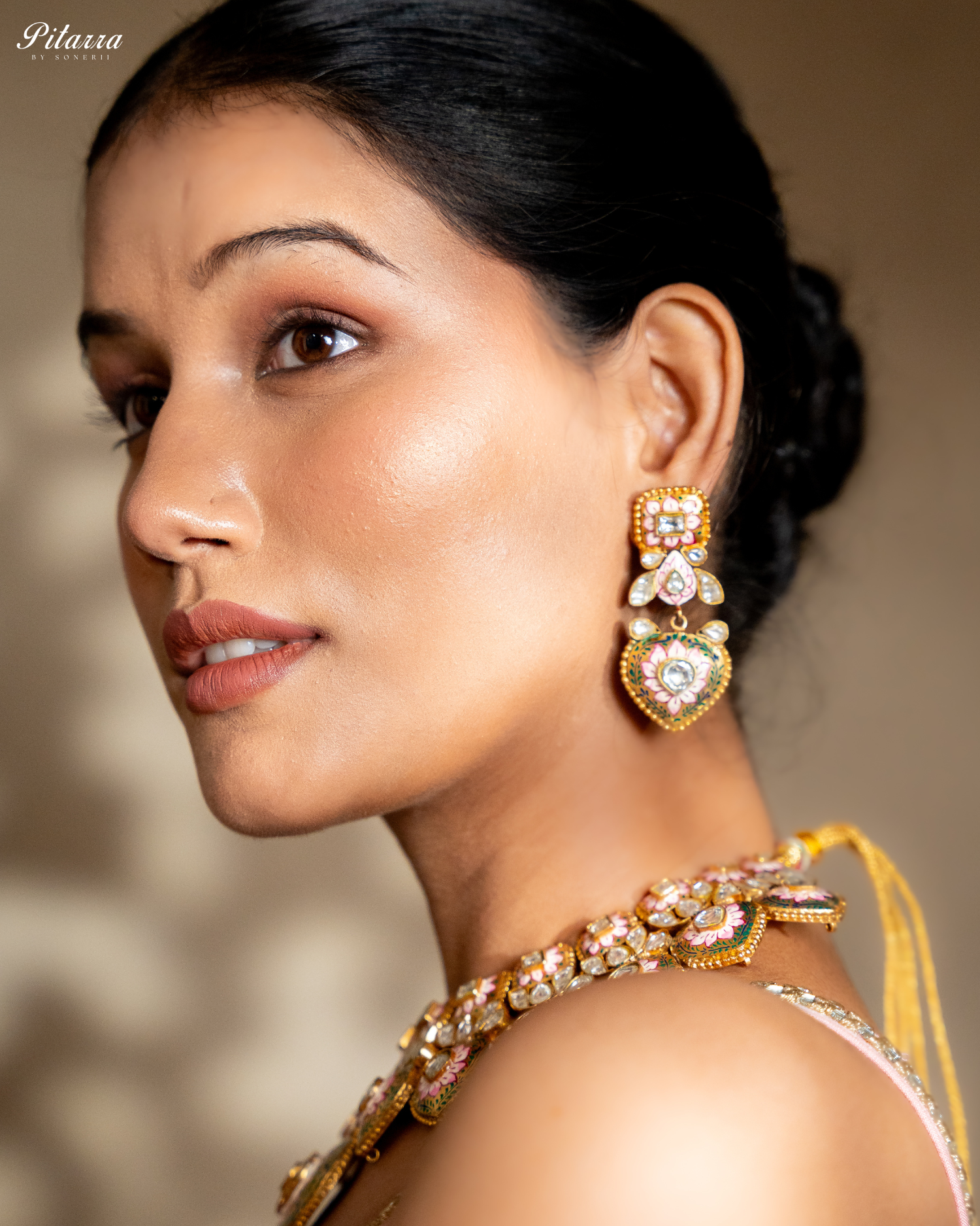 Golden Green Polki Traditional Kundan Necklace Set Model Side Shoot