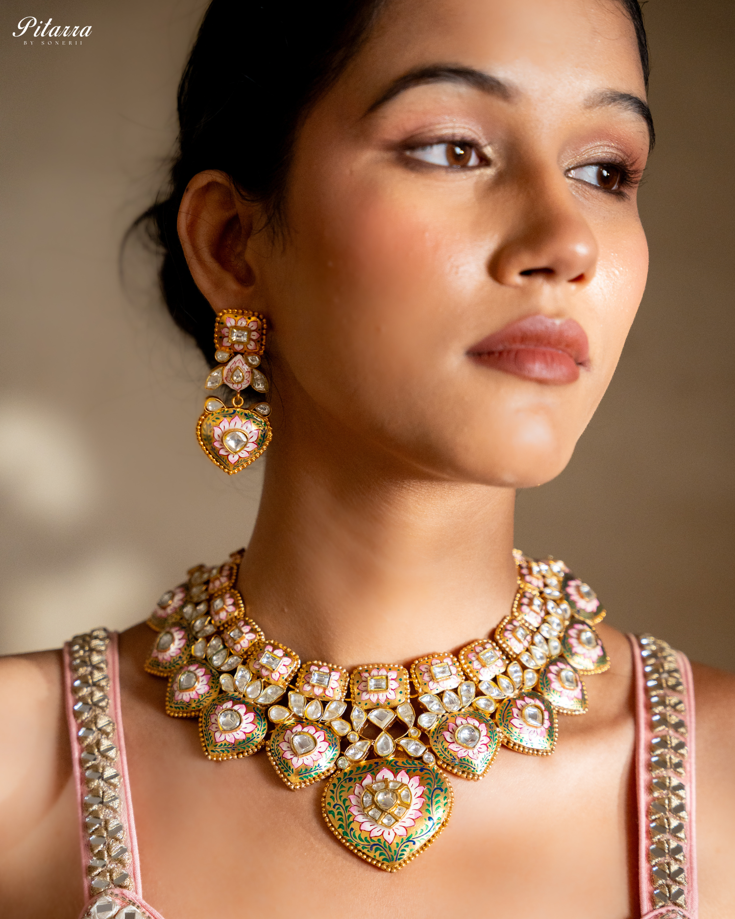 Golden Green Polki Traditional Kundan Necklace Set Model Zoom Shoot