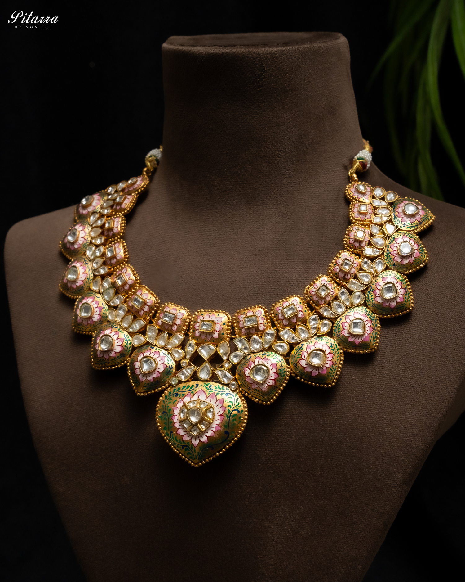 Golden Green Polki Traditional Kundan Necklace Set Side Angle Shoot