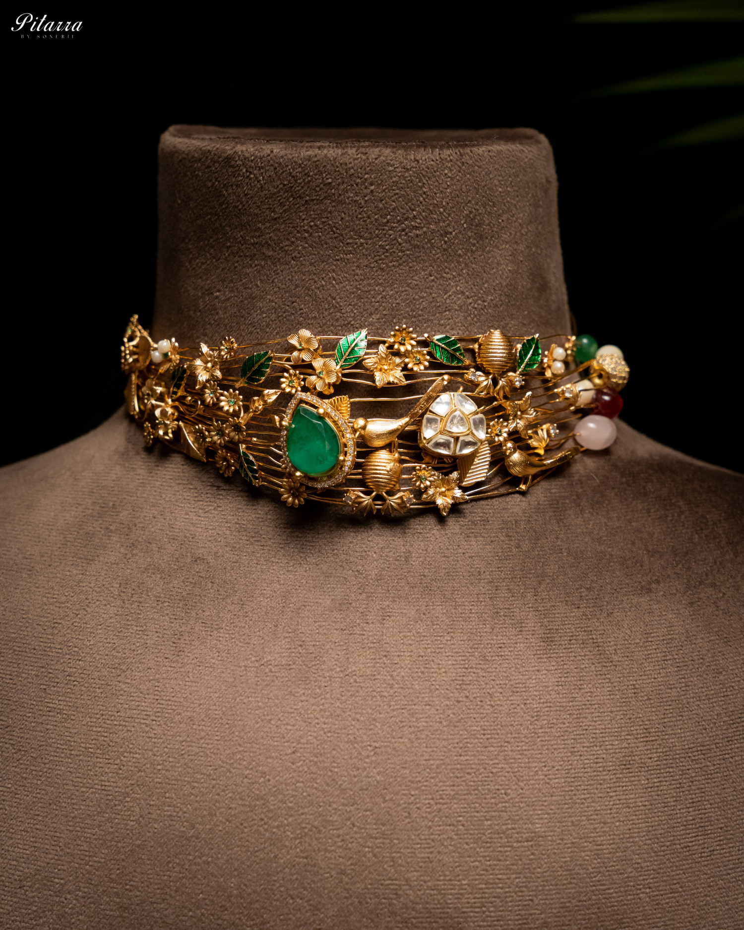 Golden Leaf With Green Crystals Choker Set_Front Angle