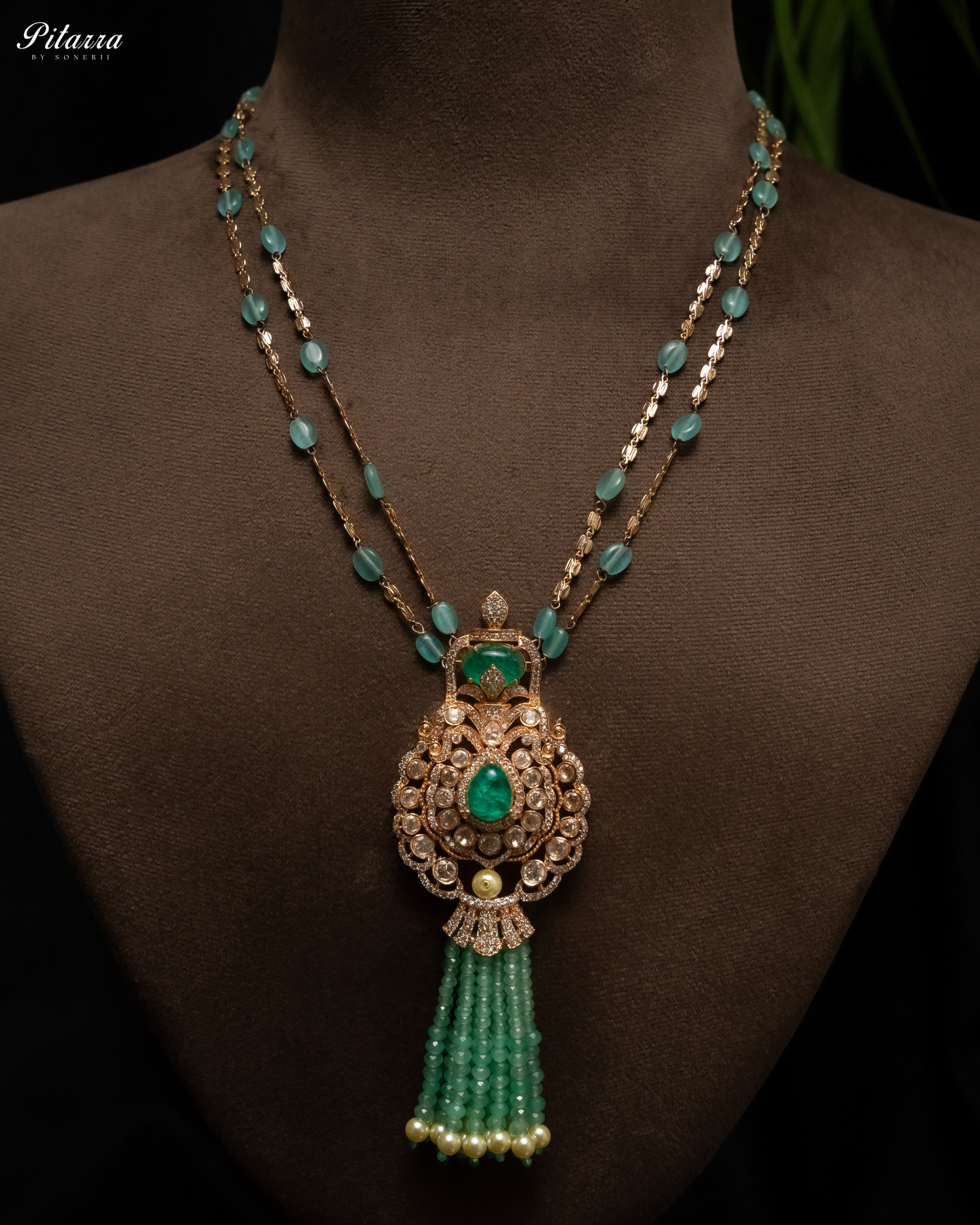 Green Beads Traditional Kundan Long Necklace