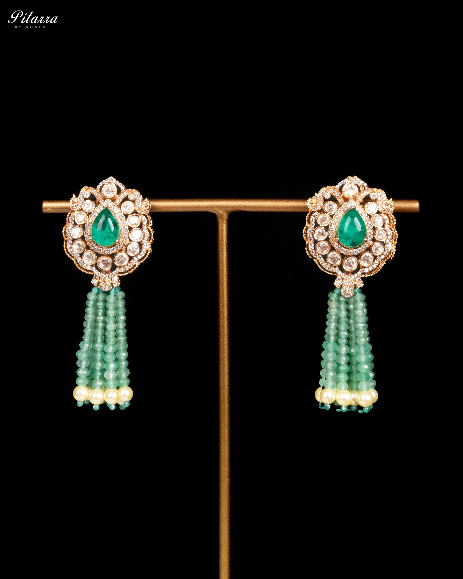 Green Beads Traditional Kundan Long Necklace Set-Earrings