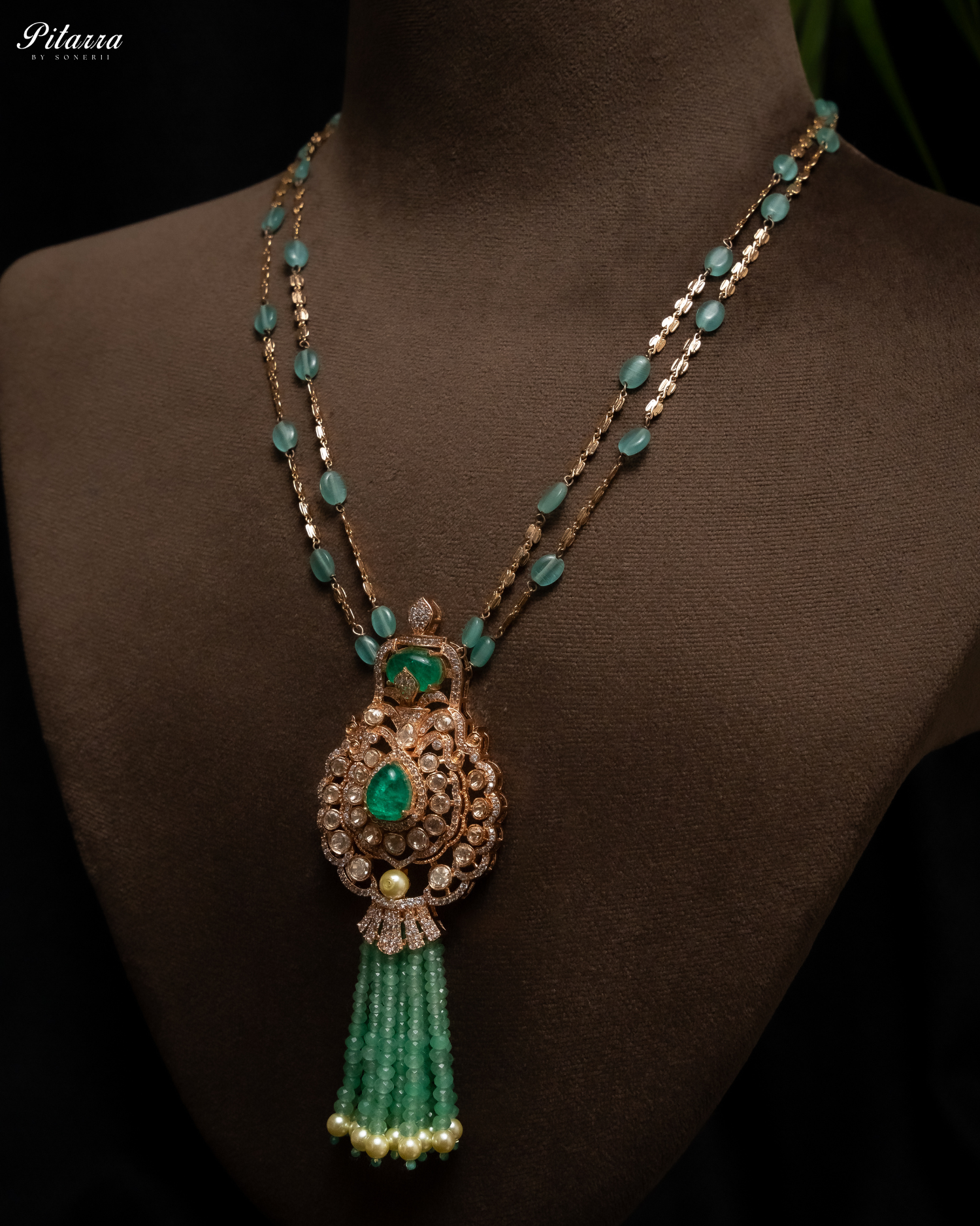 Green Beads Traditional Kundan Long Necklace Set-Side Angle