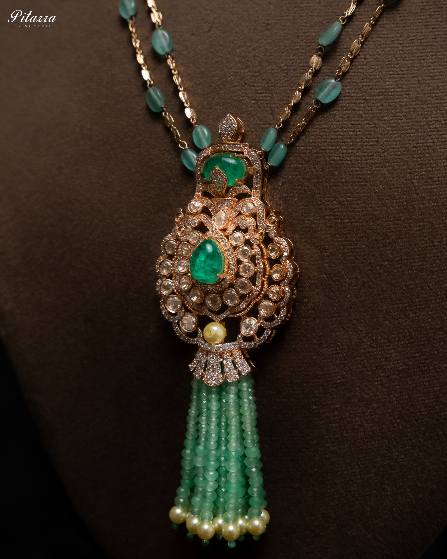 Green Beads Traditional Kundan Long Necklace Set-Zoom Angle