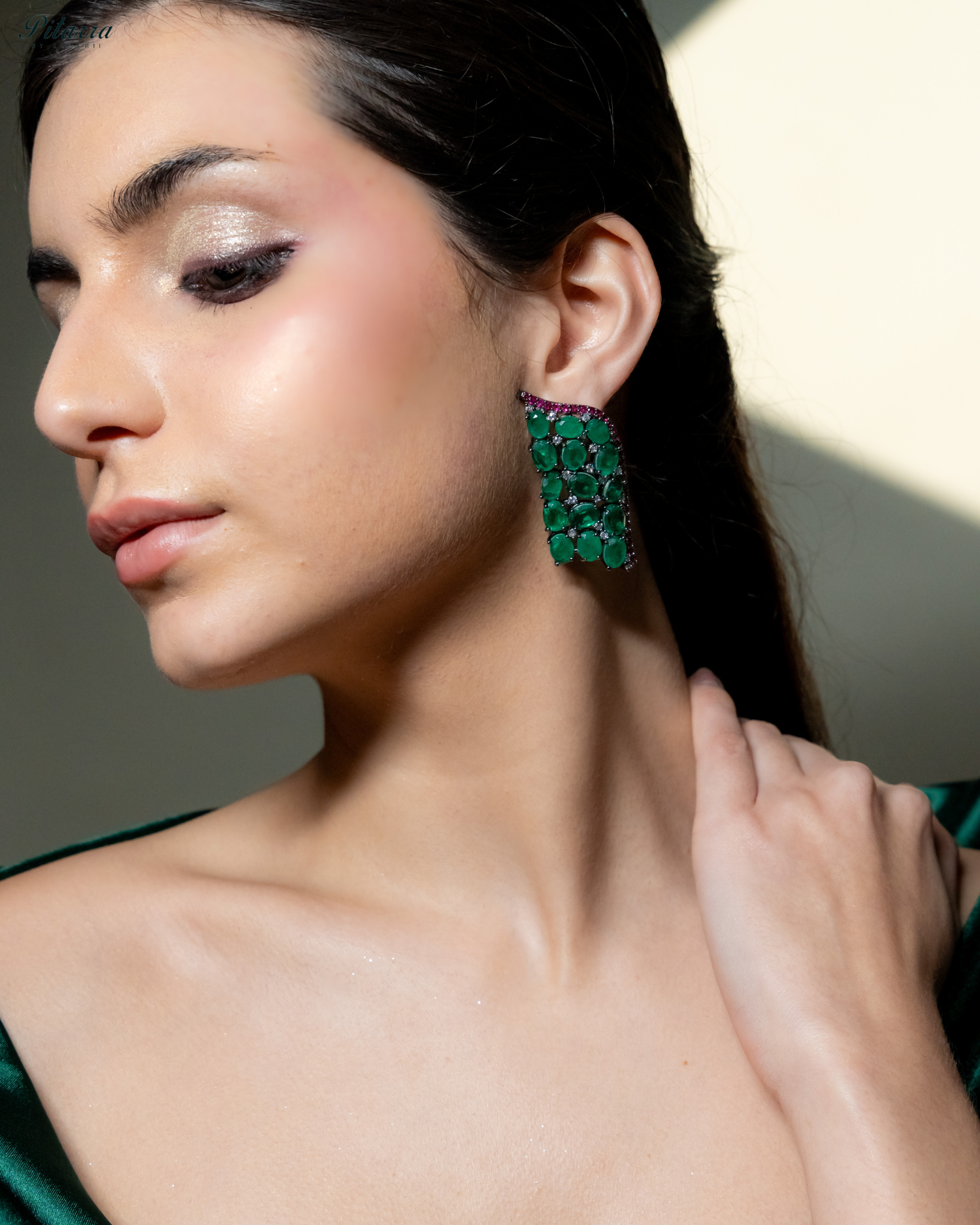 Green Crystal CZ Stud Earrings_Side Pose