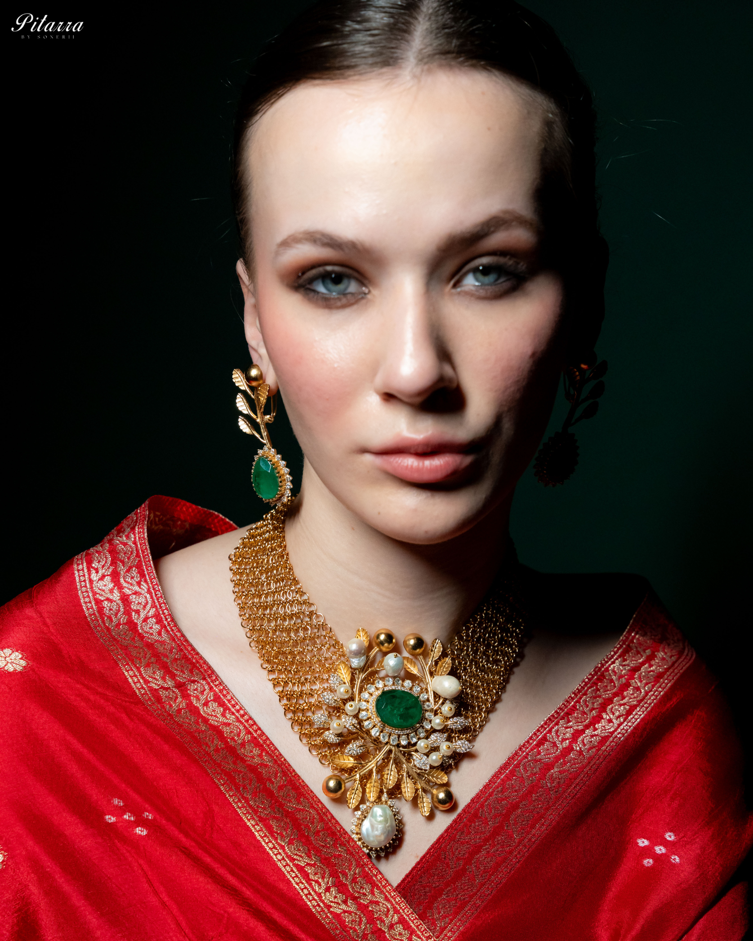 Green Crystal Indo Western Necklace Set_Front Pose