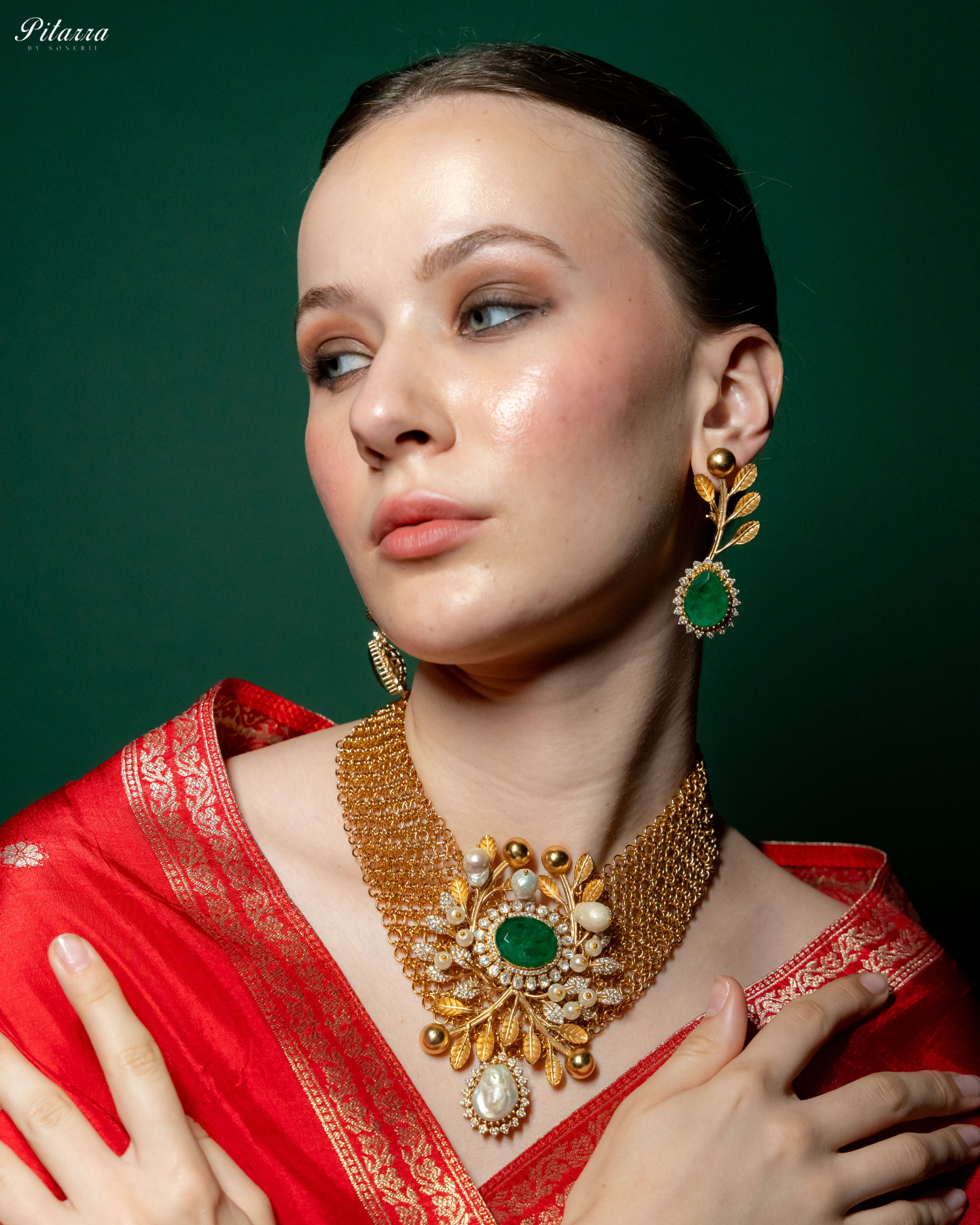 Green Crystal Indo Western Necklace Set_Side Pose