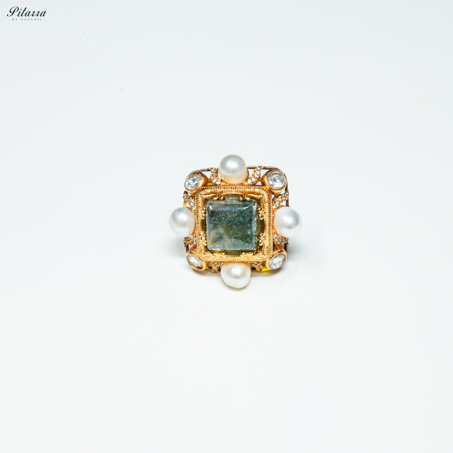 Green Crystal Pearl Maharani Ring_White Background
