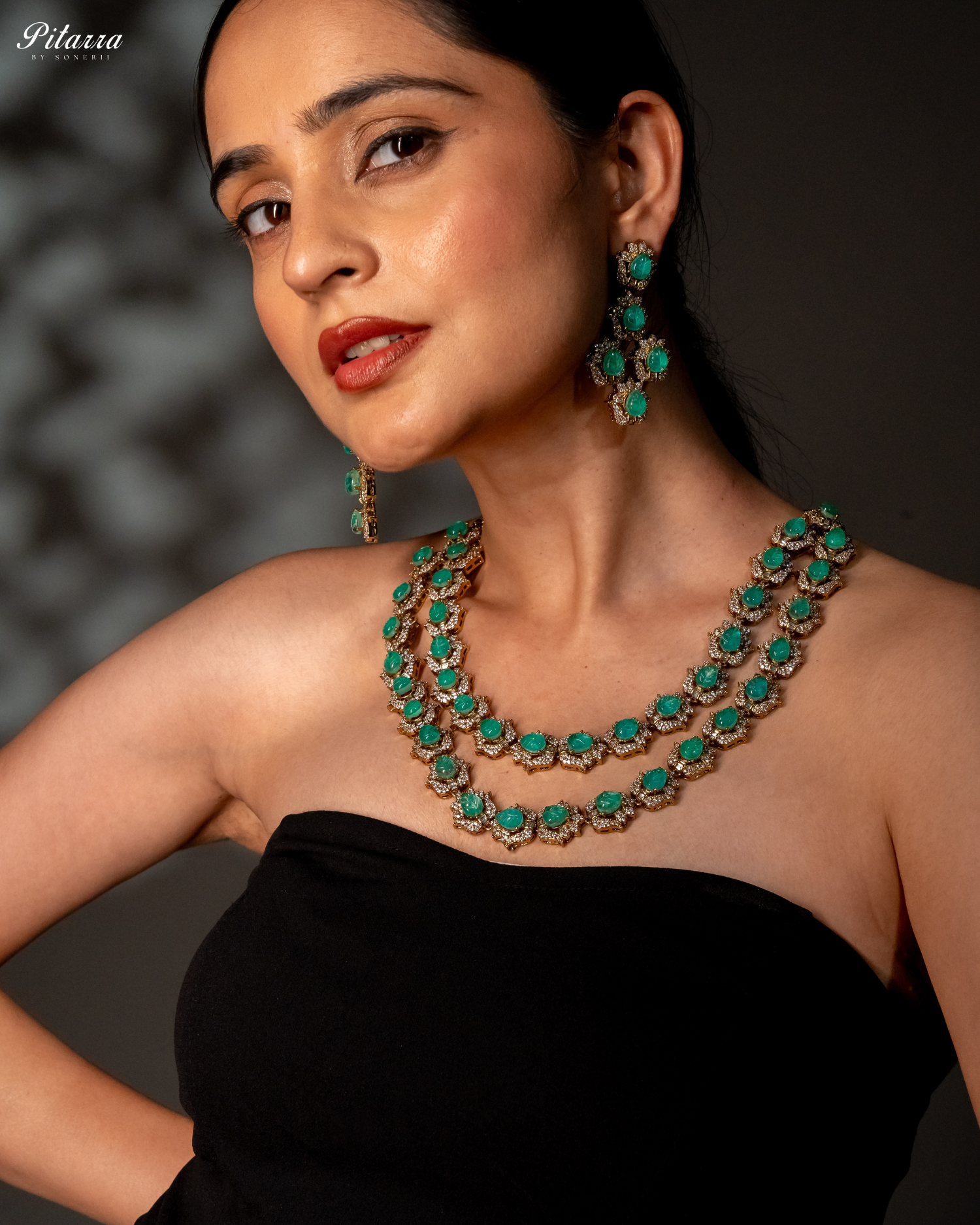 Green Cubic Zicronia Double Layer Traditional Long Necklace Set Clear Model Shot