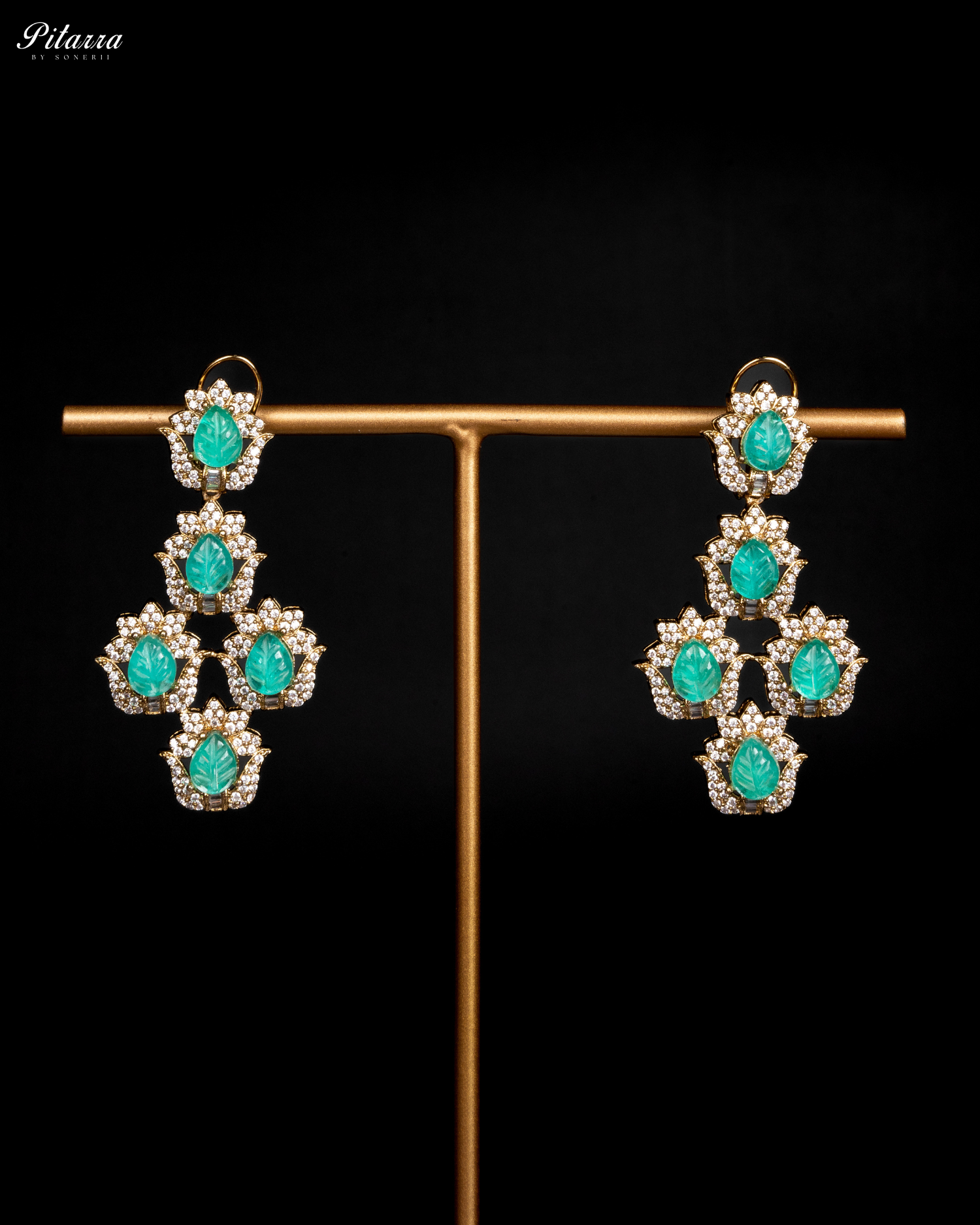 Green Cubic Zicronia Double Layer Traditional Long Necklace Set Earrings