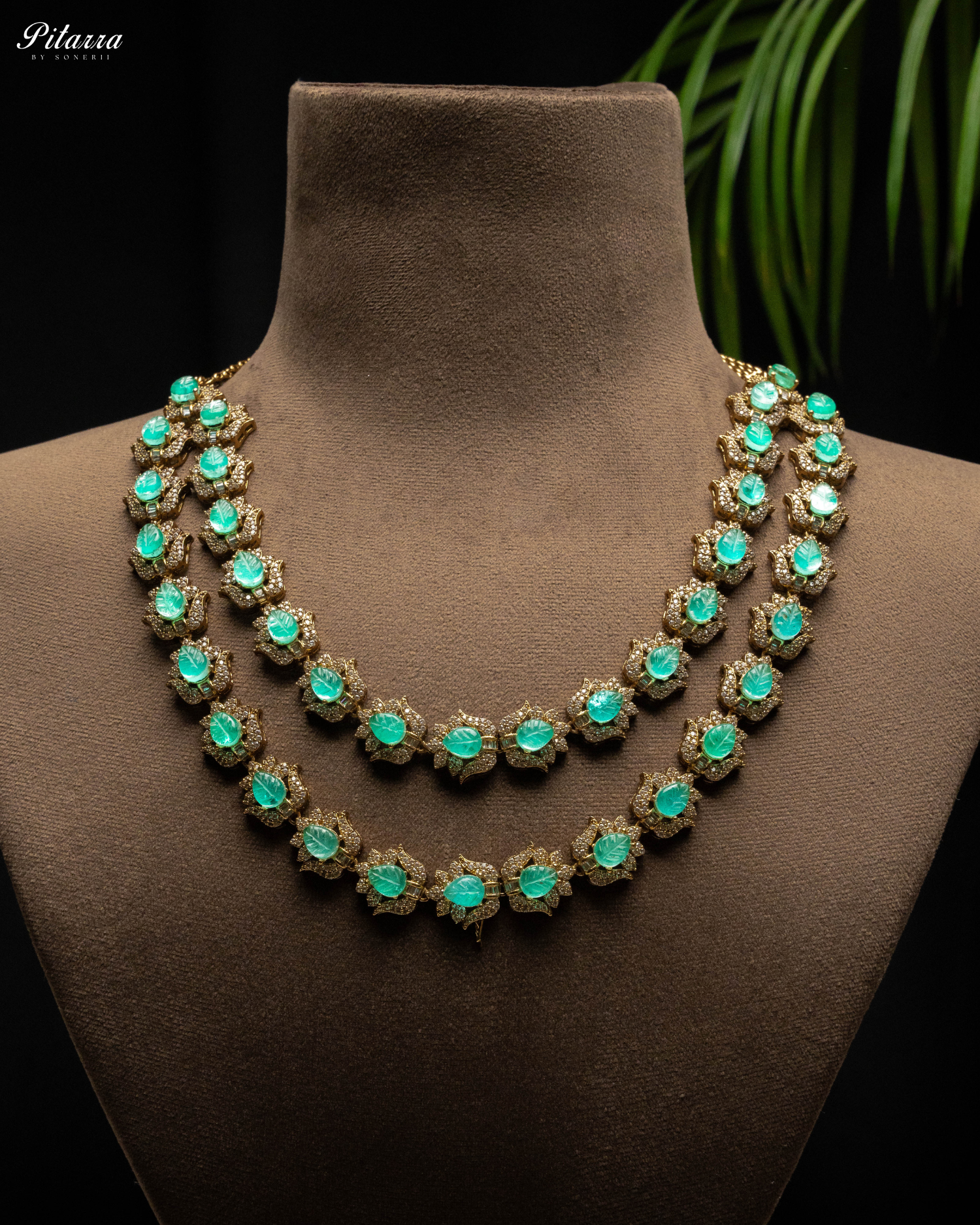 Green Cubic Zicronia Double Layer Traditional Long Necklace Set Front