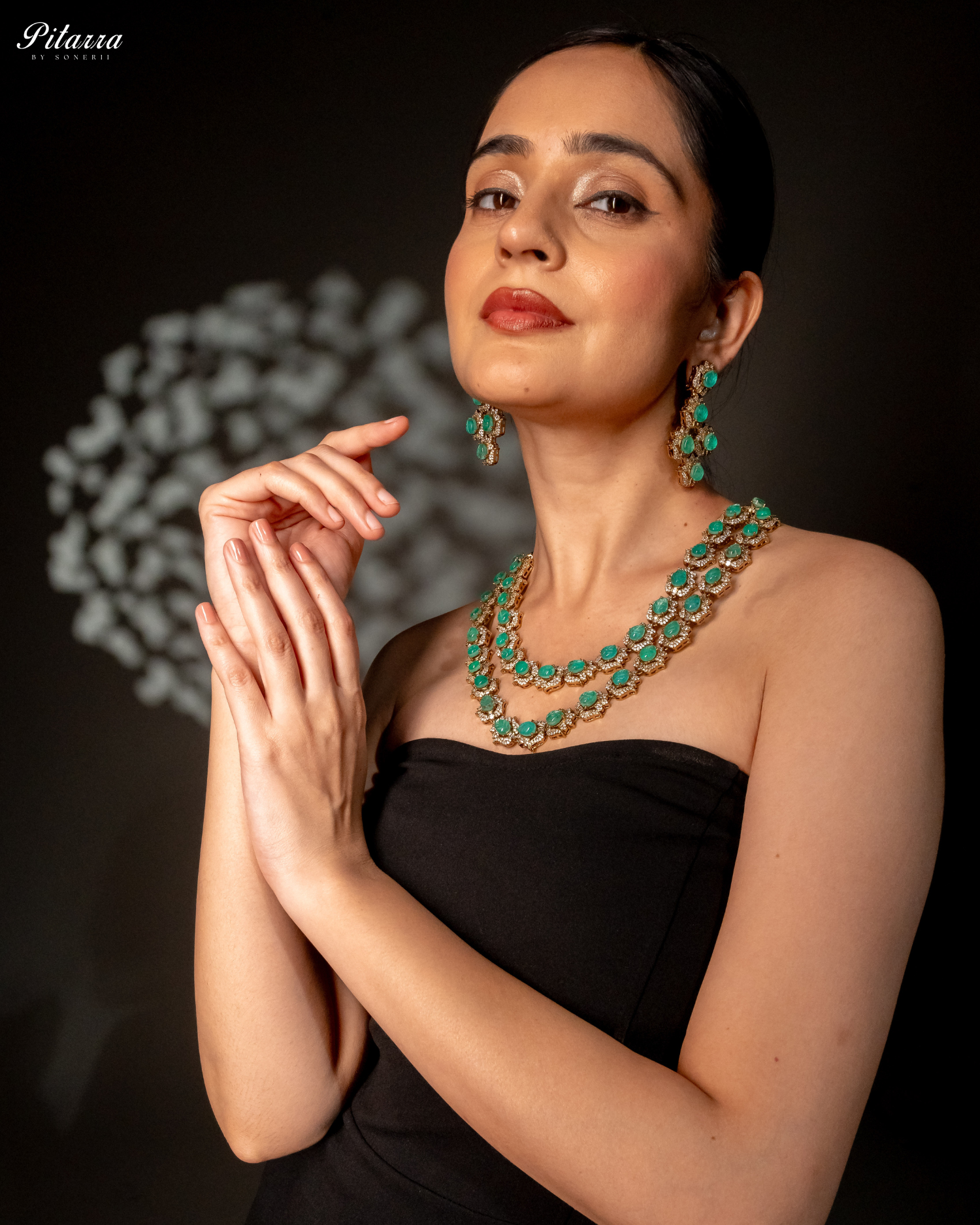 Green Cubic Zicronia Double Layer Traditional Long Necklace Set Full Model