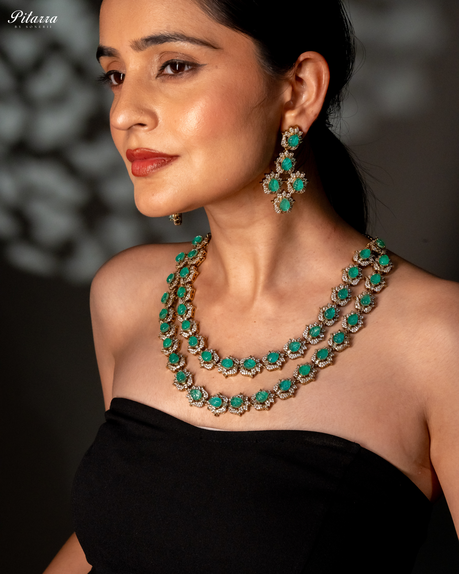 Green Cubic Zicronia Double Layer Traditional Long Necklace Set Model Shoot