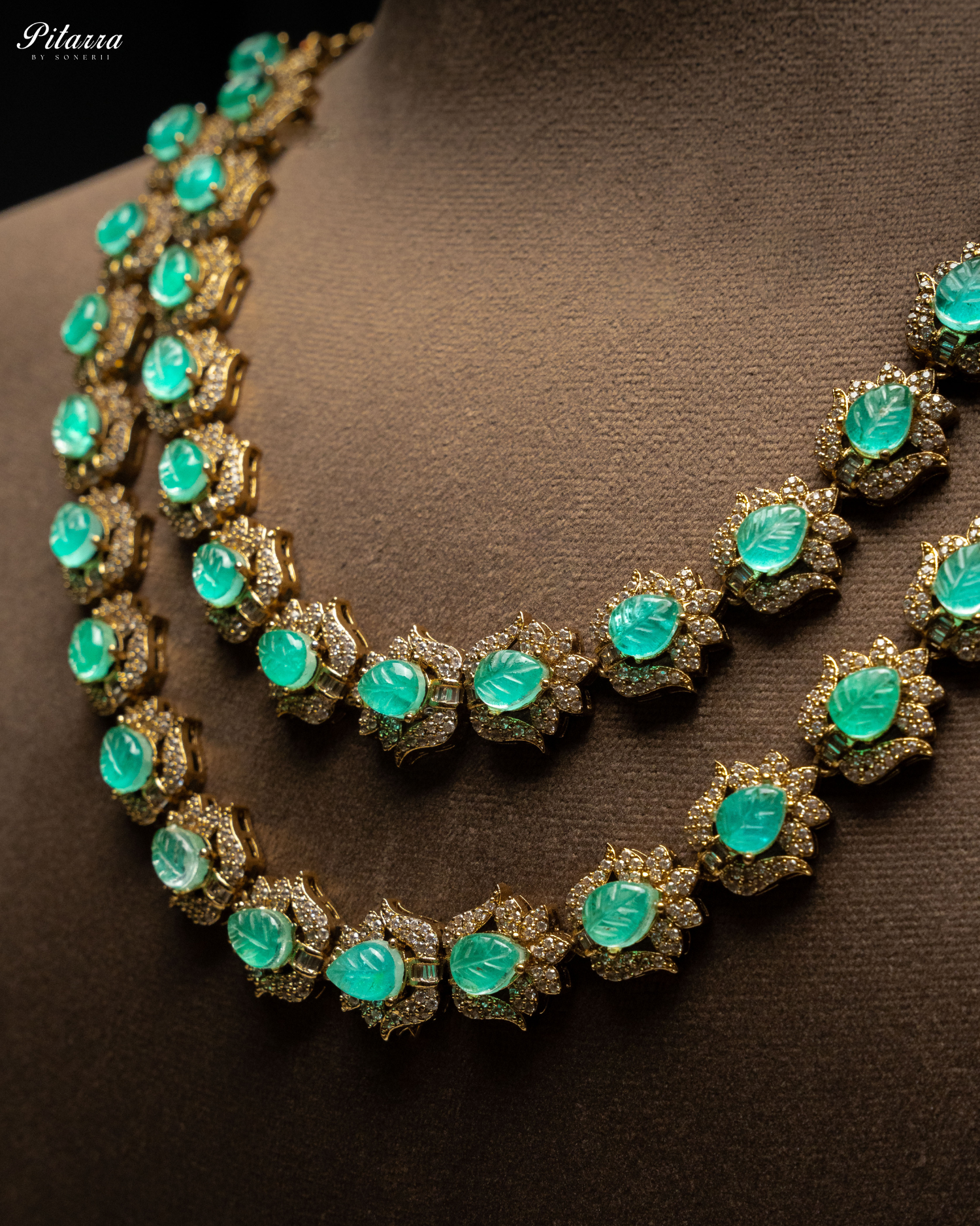 Green Cubic Zicronia Double Layer Traditional Long Necklace Set Zoom Angle