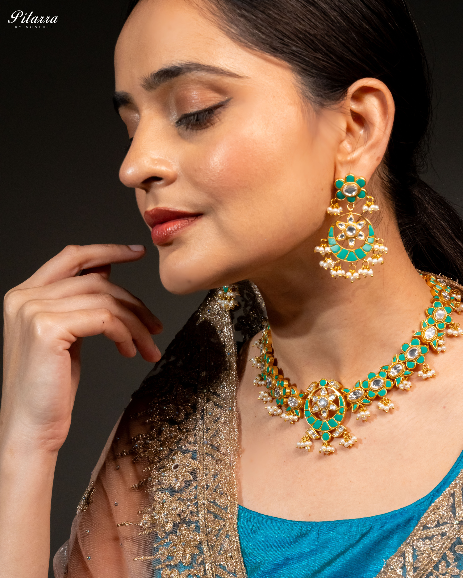 Green Gold Plated Traditional Kundan Necklace Set-Model Side Shoot