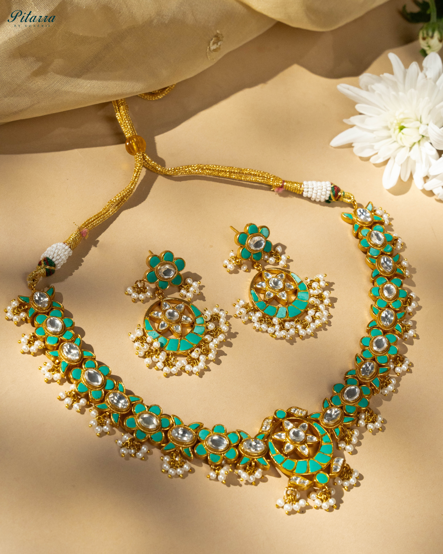 Green Gold Plated Traditional Kundan Necklace Set-Style Shoot